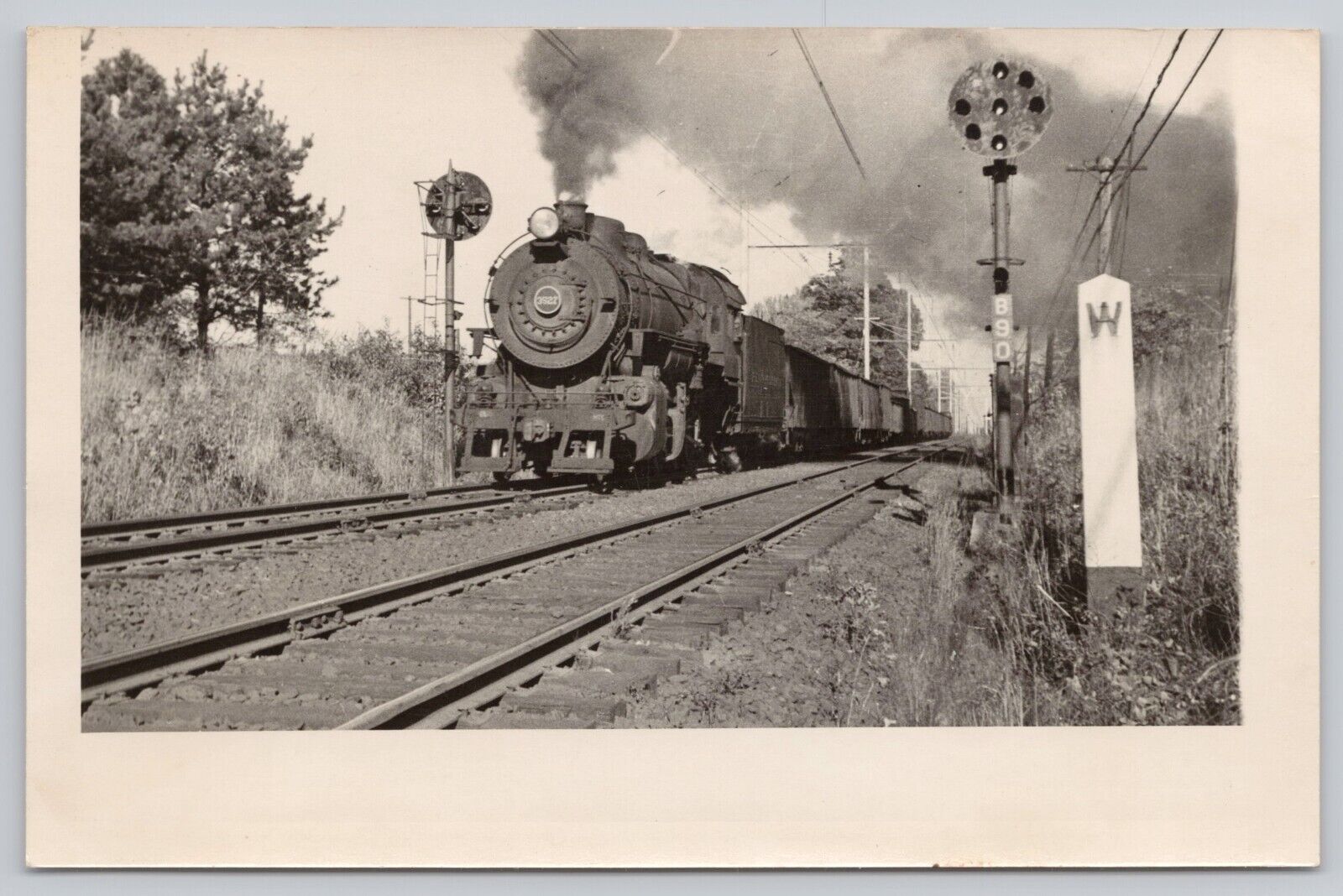 Railroad Steam Locomotive 3527 Passing Signals, Vintage RPPC Real Photo Postcard