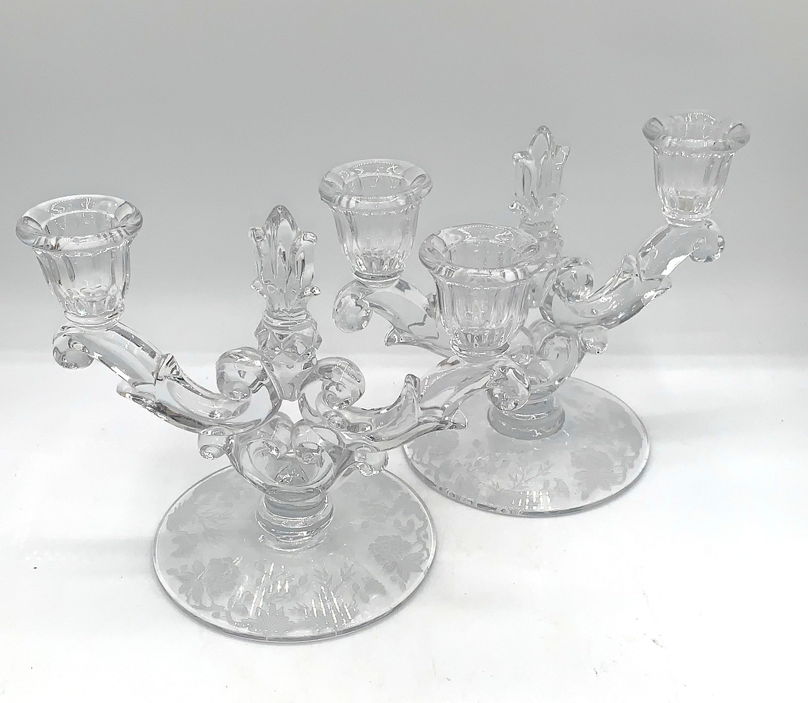 Pair Duncan & Miller Chantilly Etched Indian Tree Double Candlesticks Holders