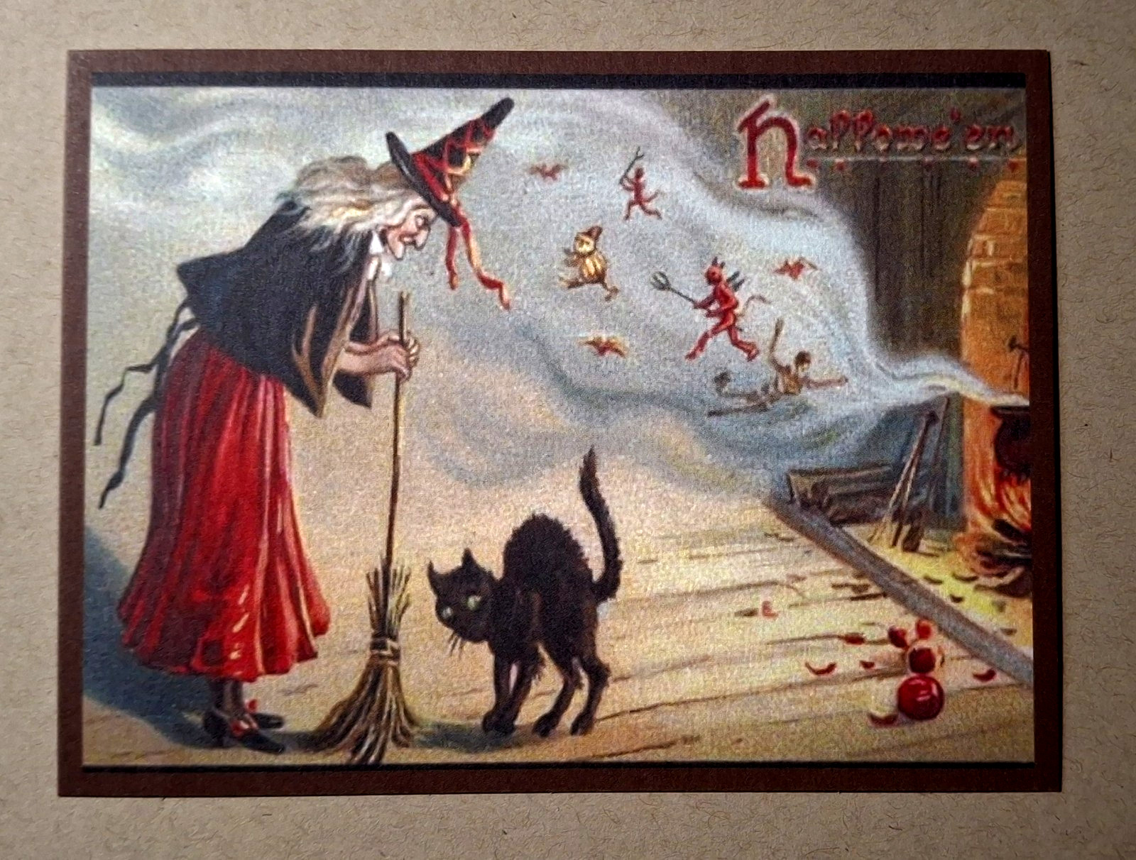 *HALLOWEEN* Vintage Reproduced Image Postcard: Witch, Demons, Blk Cat, Fireplace *HALLOWEEN* Vintage Reproduced Image Postcard: Witch, Demons, Blk Cat, Fireplace