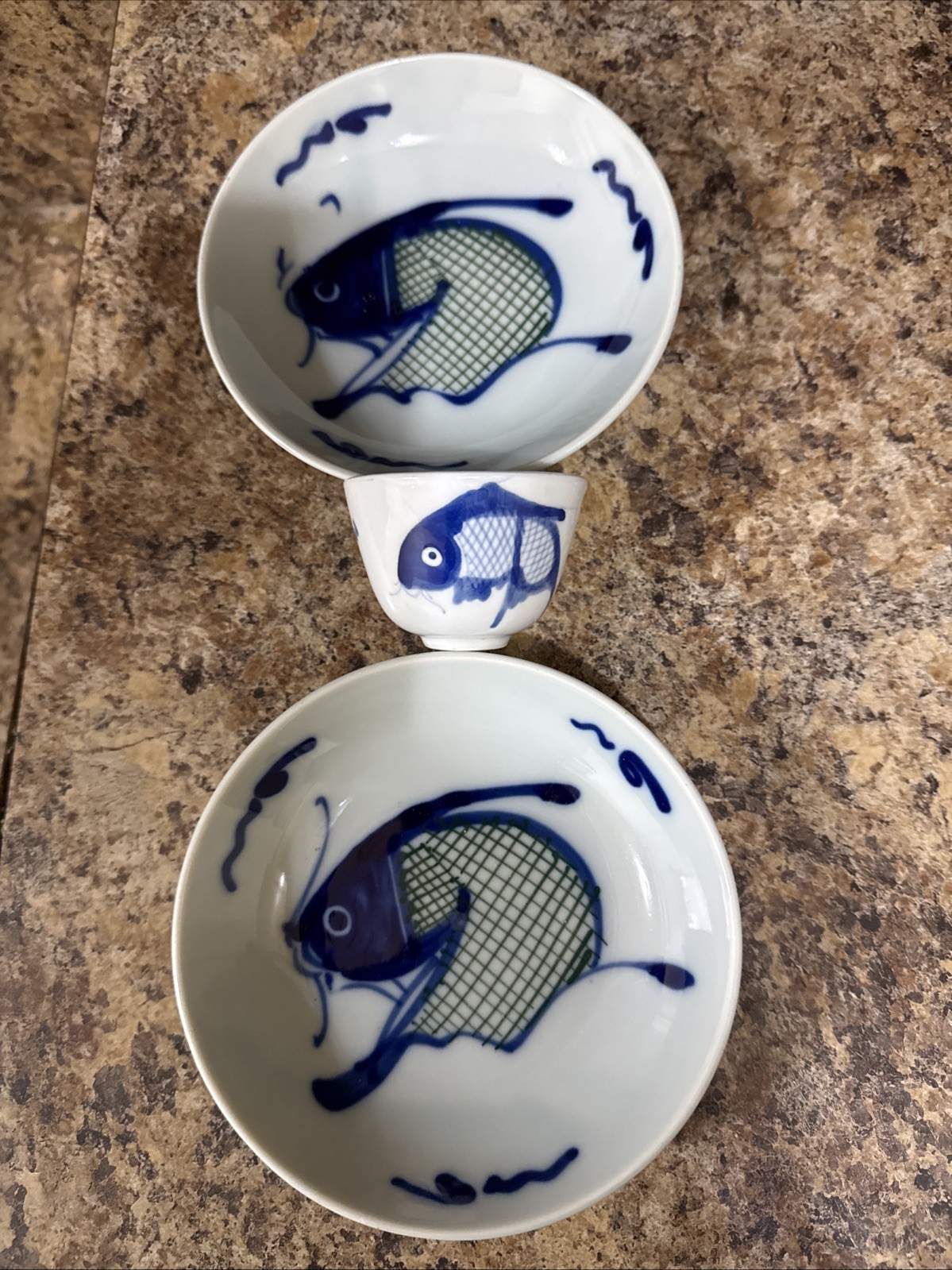 3-Piece Vintage Chinese Blue & White Koi Carp Fish Bowls