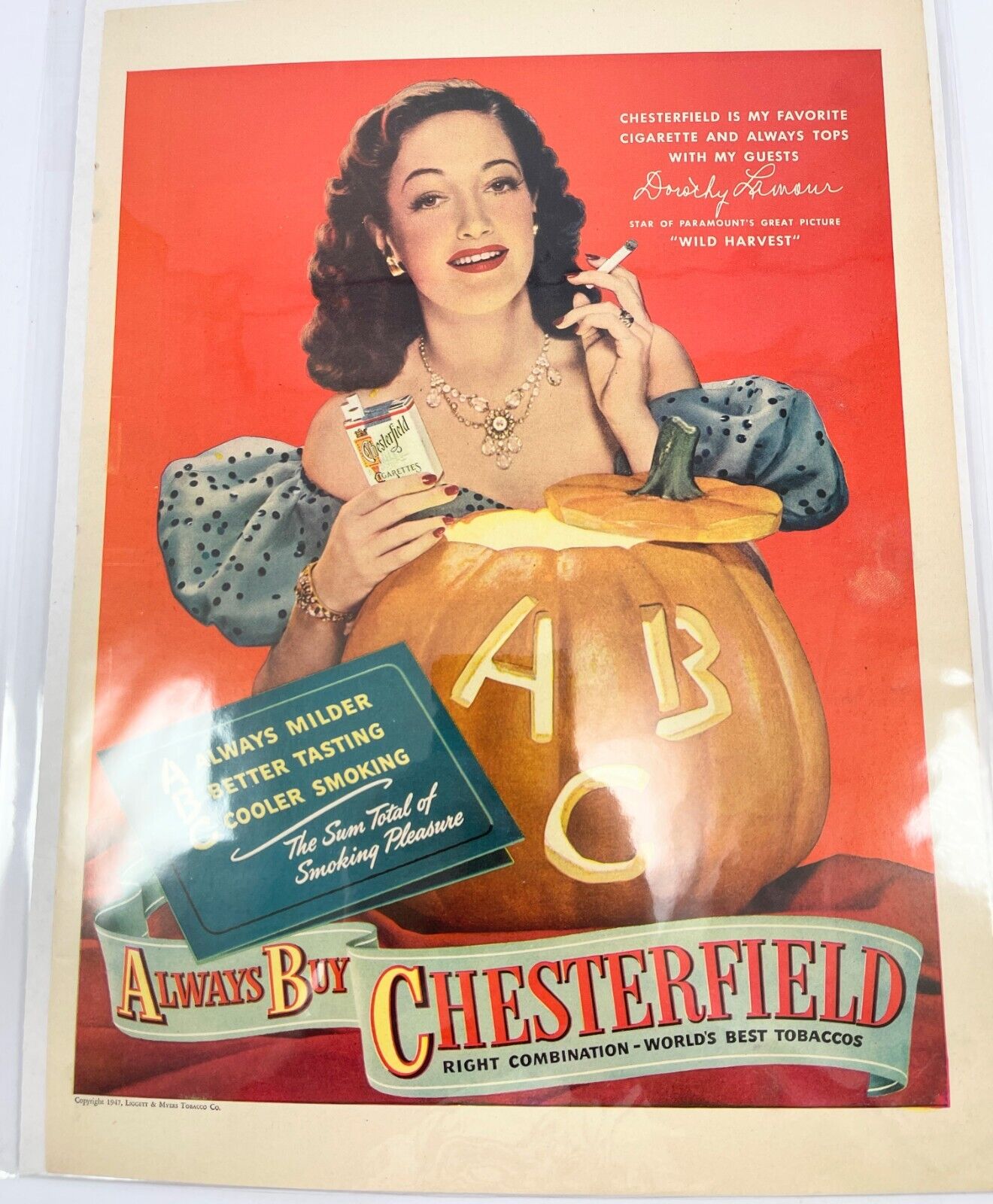 Vtg Ad 1947 Chesterfield Cigarettes Actress Dorothy Lamour HALLOWEEN Pumpkin