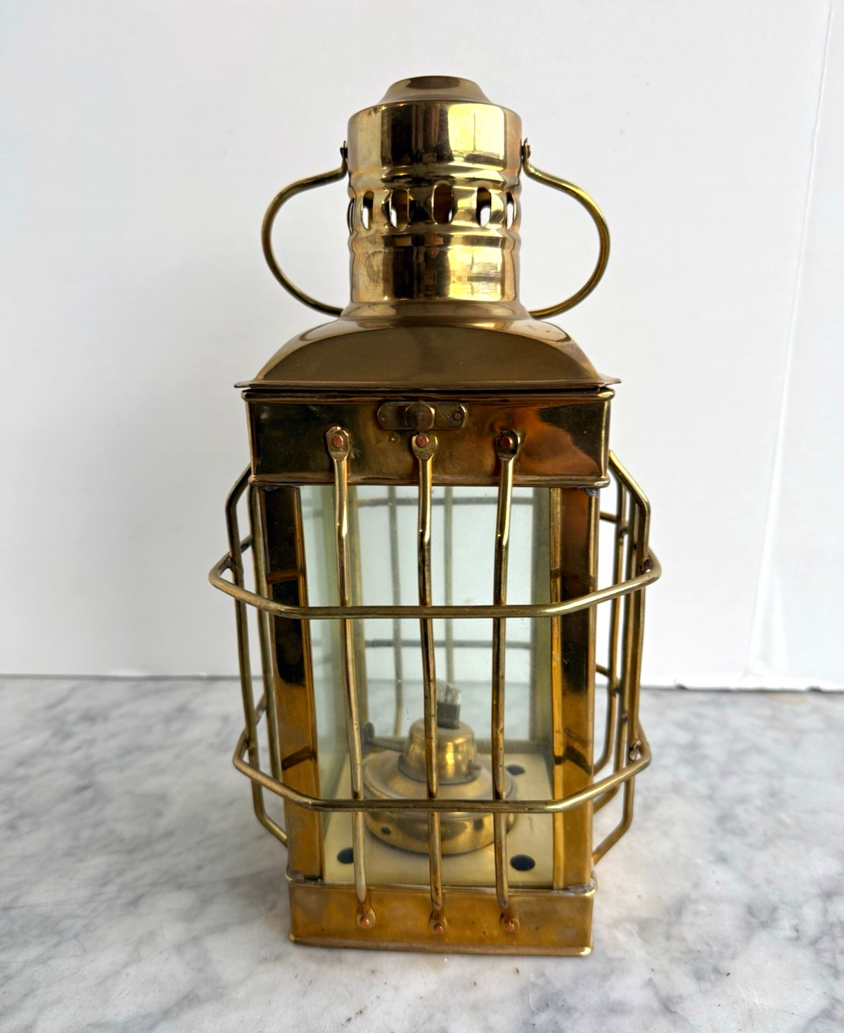 Vintage Solid Brass Maritime Ship Lantern Square Caged Oil Lamp Nautical Decor
