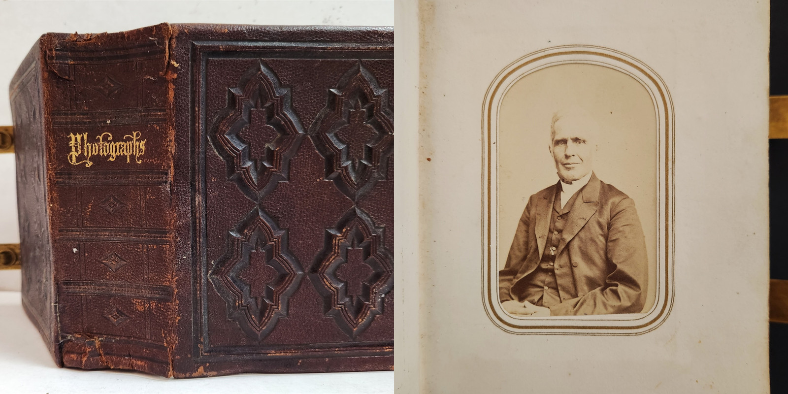 1860s antique PHOTOGRAPH cdv ALBUM gold gauffered edge CLASPS 38 PHOTOS leather