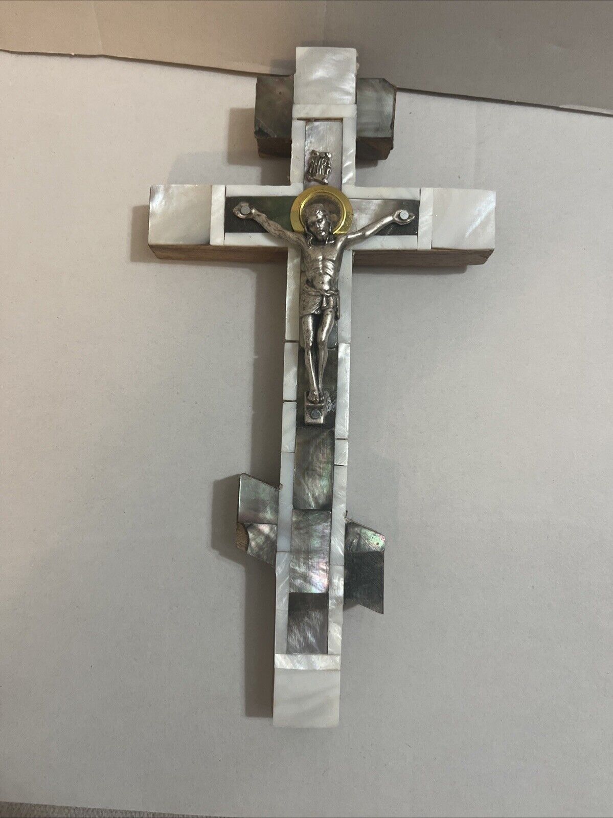 Olive Wood  & Shell Russian Eastern Orthodox Crucifix Cross from Bethlehem 8.5”