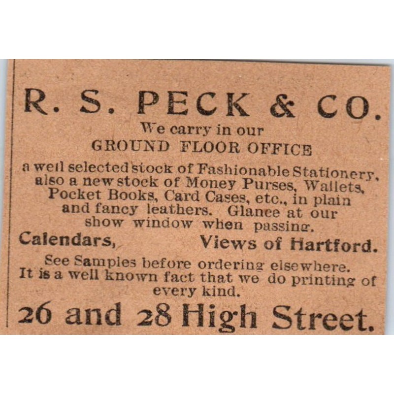 R.S. Peck & Co Stationary High Street Hartford 1901 Newspaper Ad AD8-HS7