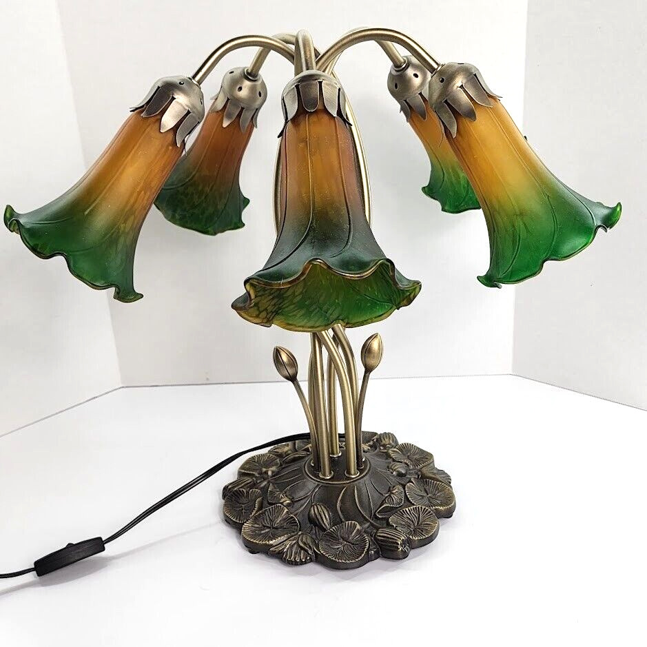 VTG Tiffany Style Tulip Table Lamp Lily Pad Base Amber Green 5 Arm 17\