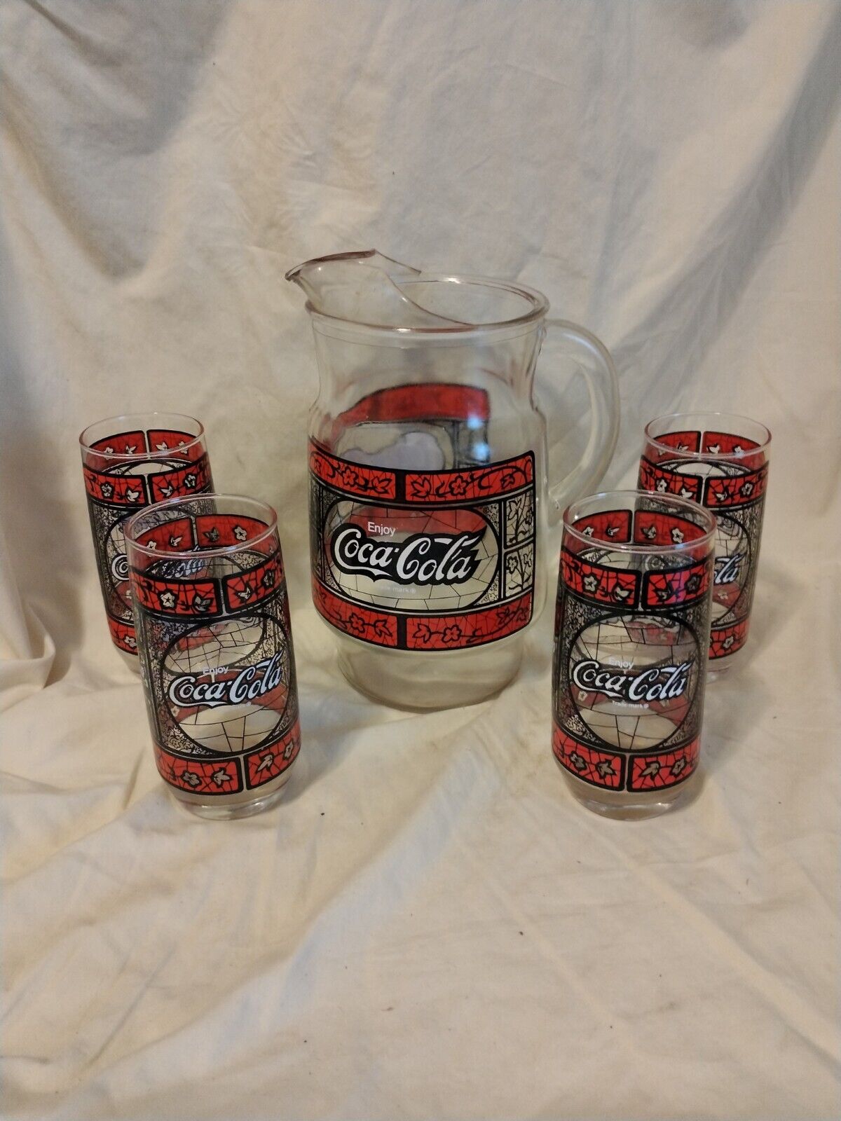 Set of Coca-Cola Coke 4 Drinking Glasses & Pitcher Tiffany style Stained Glass