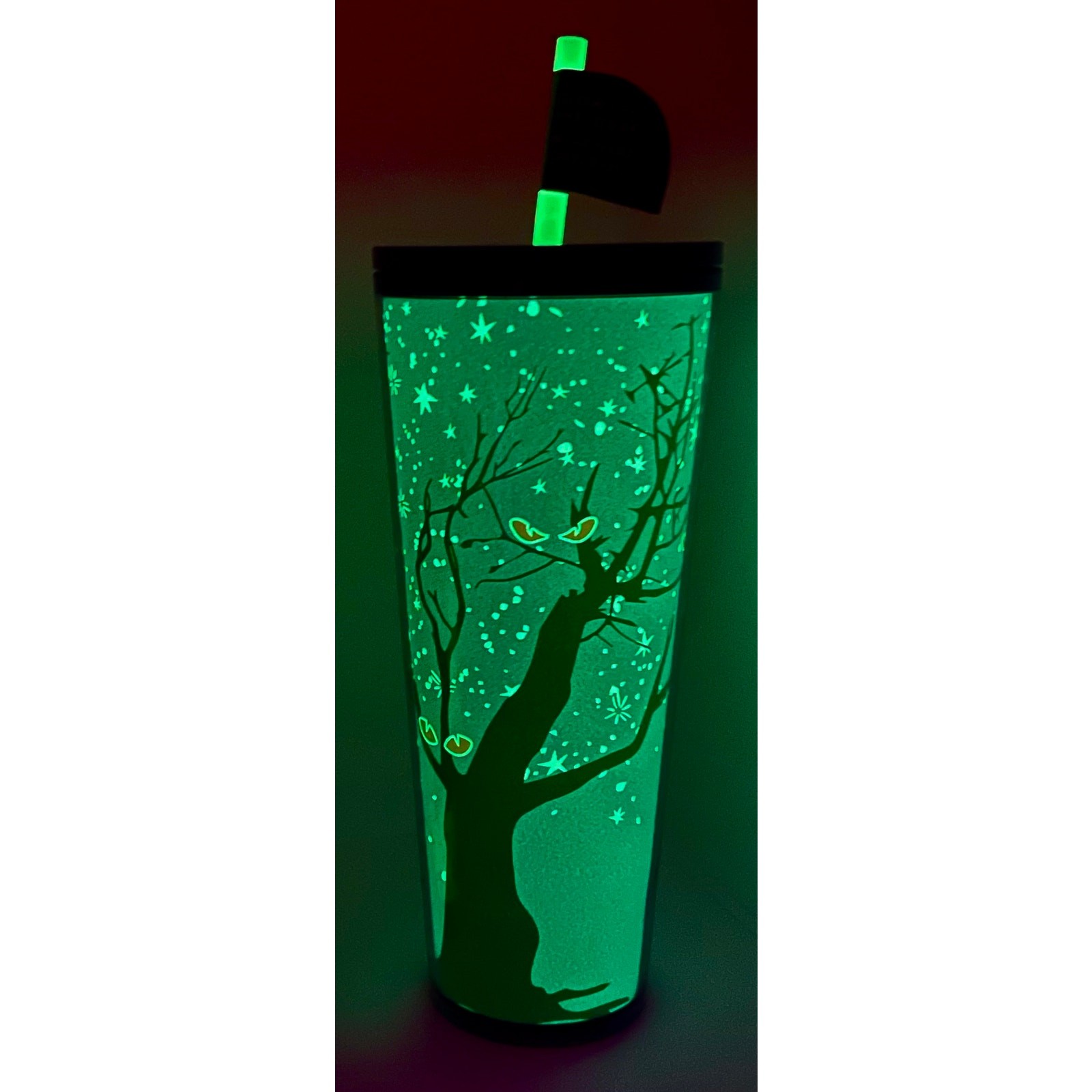 Starbucks Glow in the Dark Purple Halloween Bat Eyes Tree Cold Cup Tumbler 24 oz