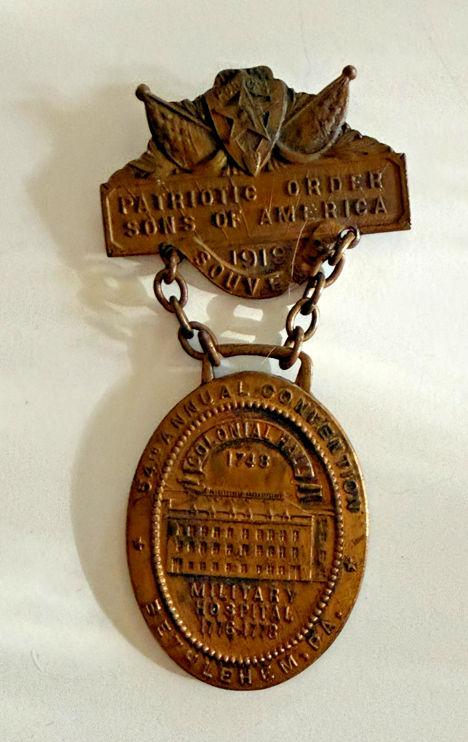 Antique 1919 Patriotic Order Sons of America Medal Bethlehem PA POS of A
