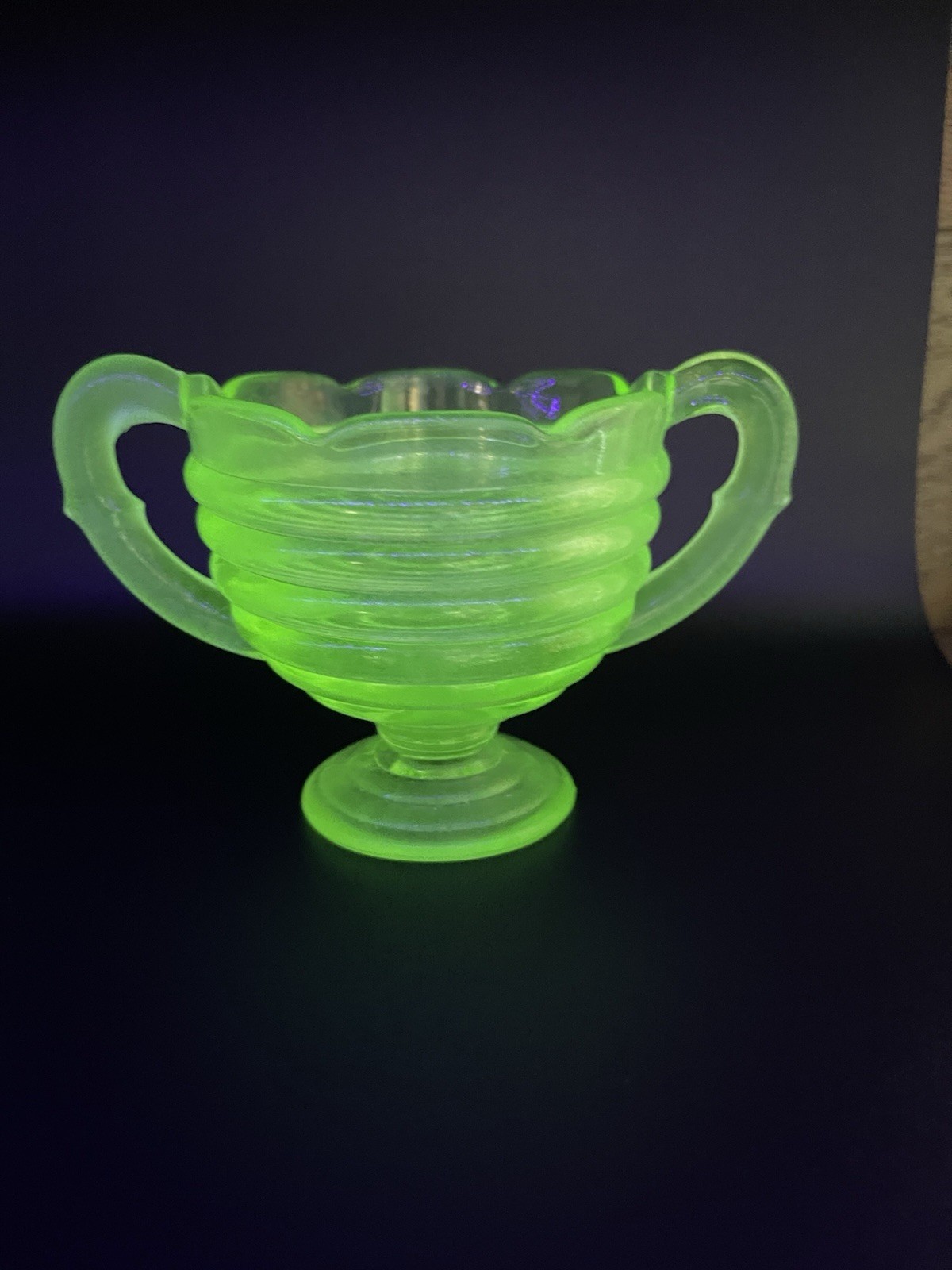 Vintage Green Uranium Glass Pedestal Open Sugar Bowl Double Handle 