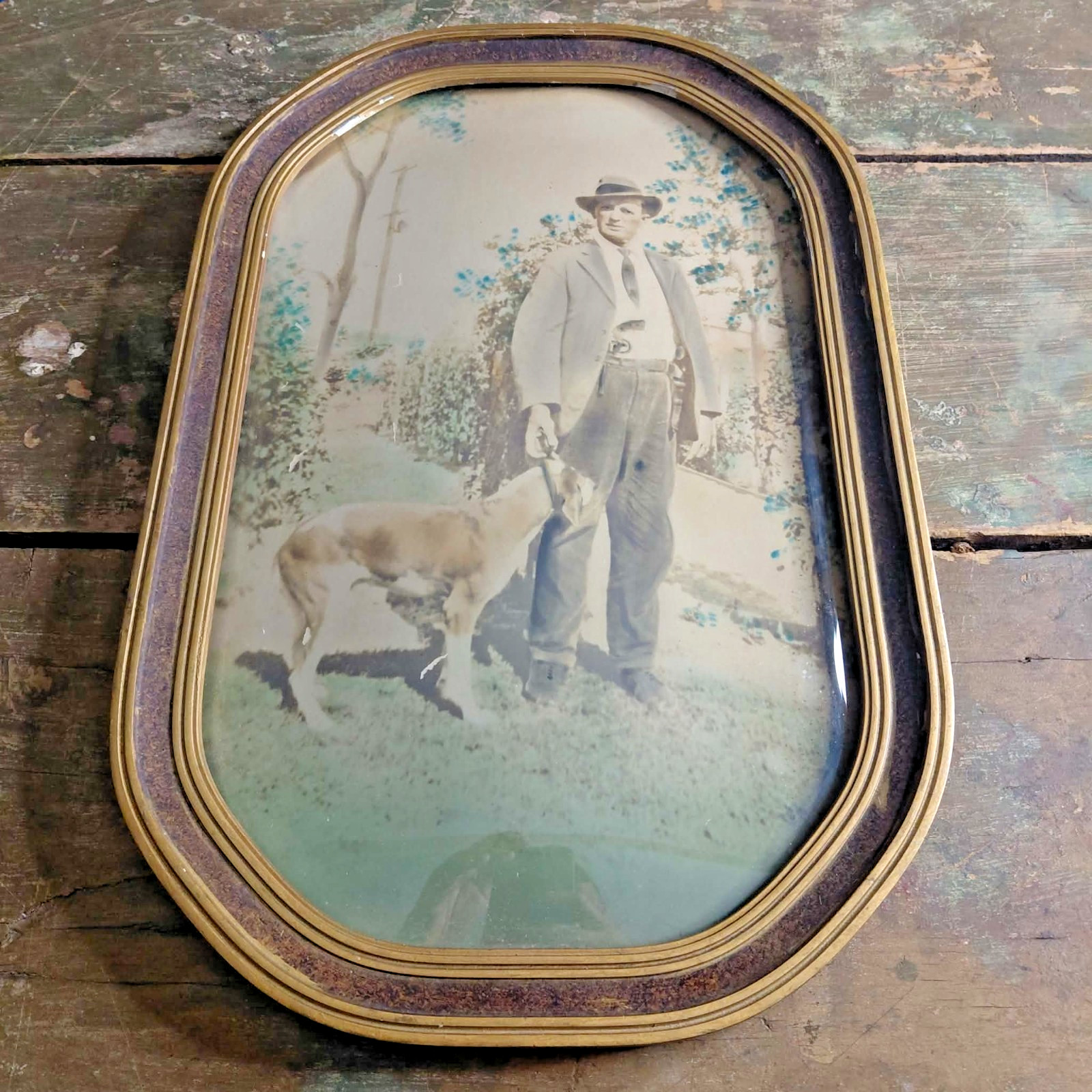Vintage 1920s 1930s Man & Dog Portrait Convex Bubble Glass Wood Frame 11x17