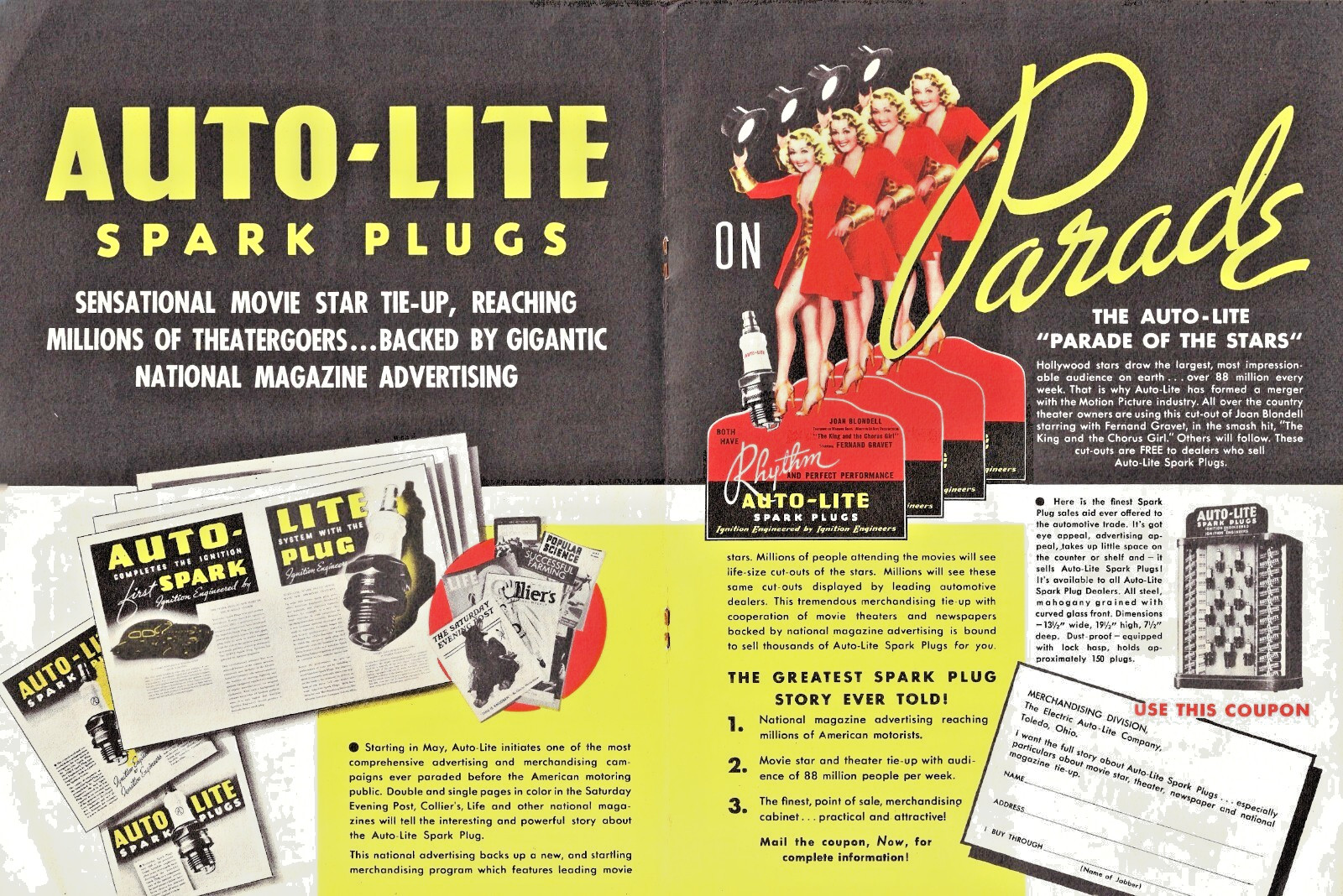 1937 AUTO-LITE SPARK PLUGS  4-PAGE TRADE  AD FEATURING MOVIE STAR JOAN BLONDELL