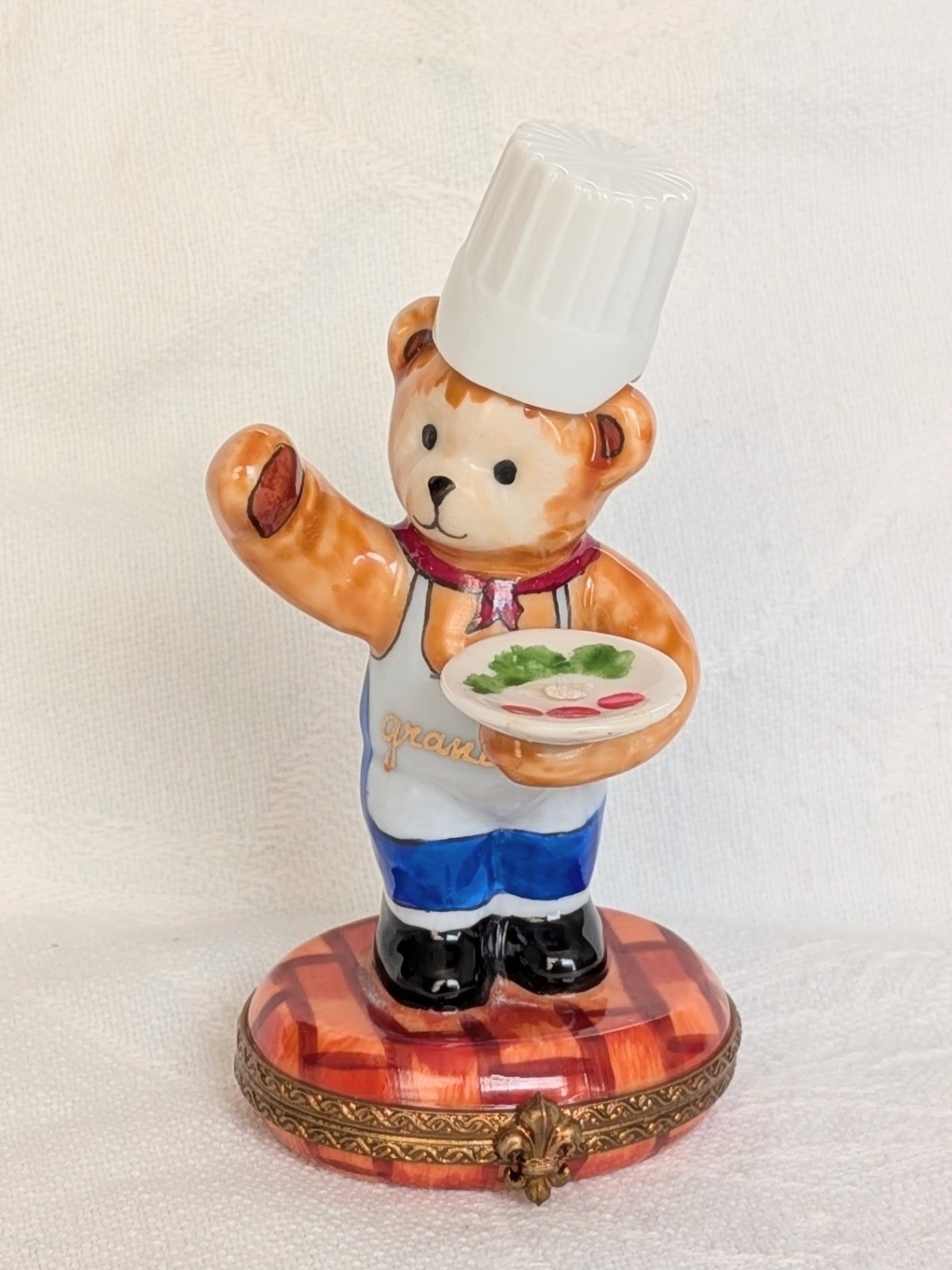 Rochard Limoges Trinket Box France Hand Painted Porcelain Hinged Chef Bear READ