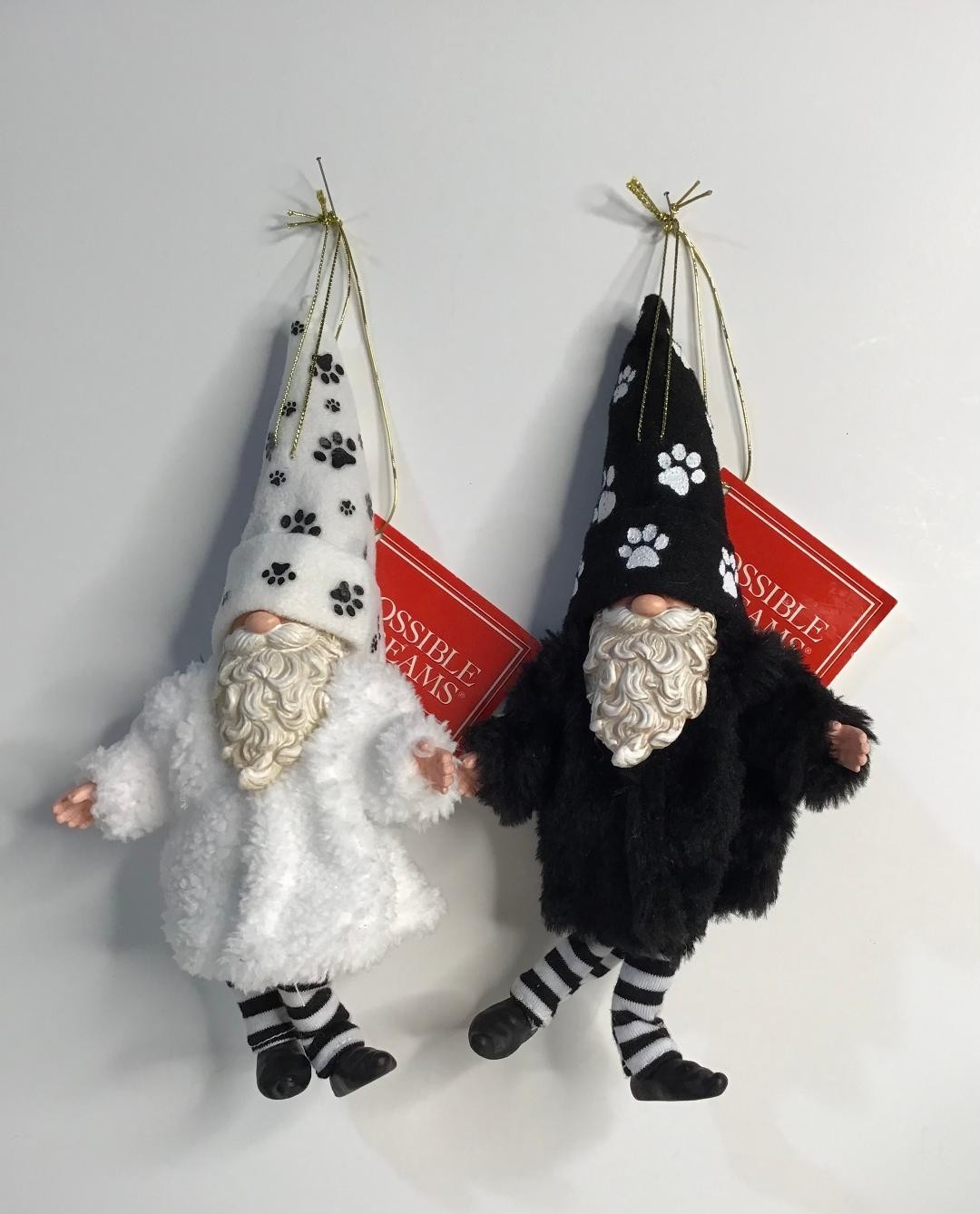 Dept 56 Possible Dreams FURRY PET WHITE & Black Gnome Ornaments 2 Total - New Dept 56 Possible Dreams FURRY PET WHITE & Black Gnome Ornaments 2 Total - New
