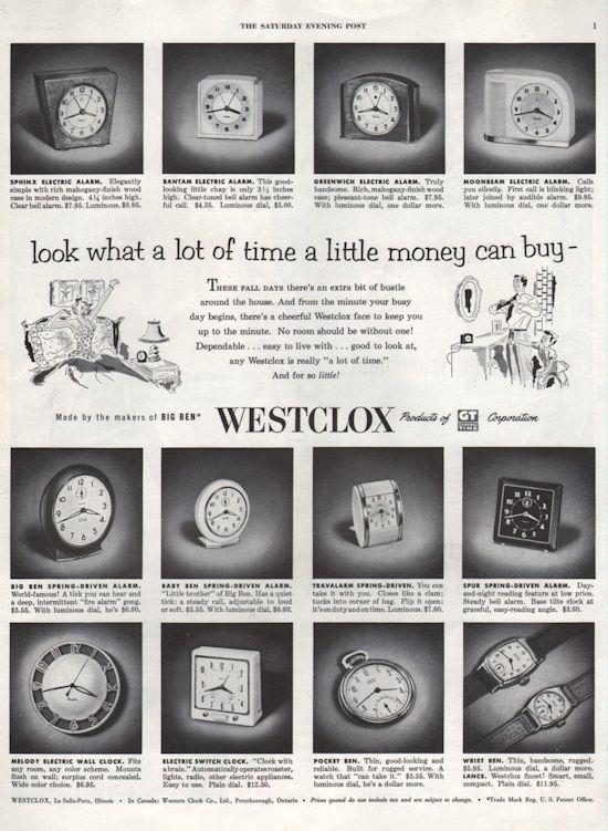 1952 Westclox PRINT AD feat: 11 Clock & 2 Watch Models Great vintage ad details