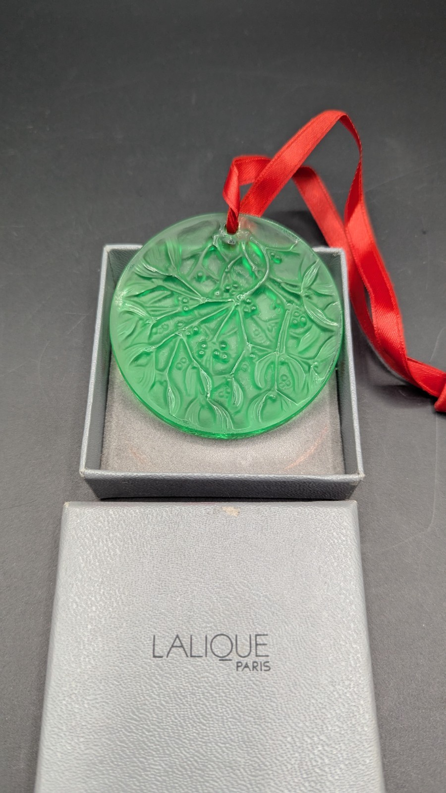 Lalique Crystal 1990 Green Mistletoe Christmas Ornament w/Box-Signed