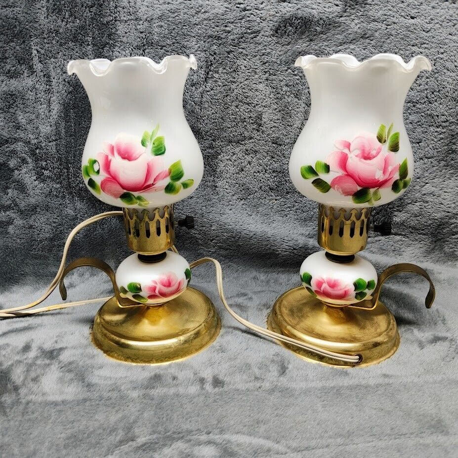 Pair Of Vintage Gone With The Wind Hurricane Lamps Pink Rose Milk Glass~ Handles