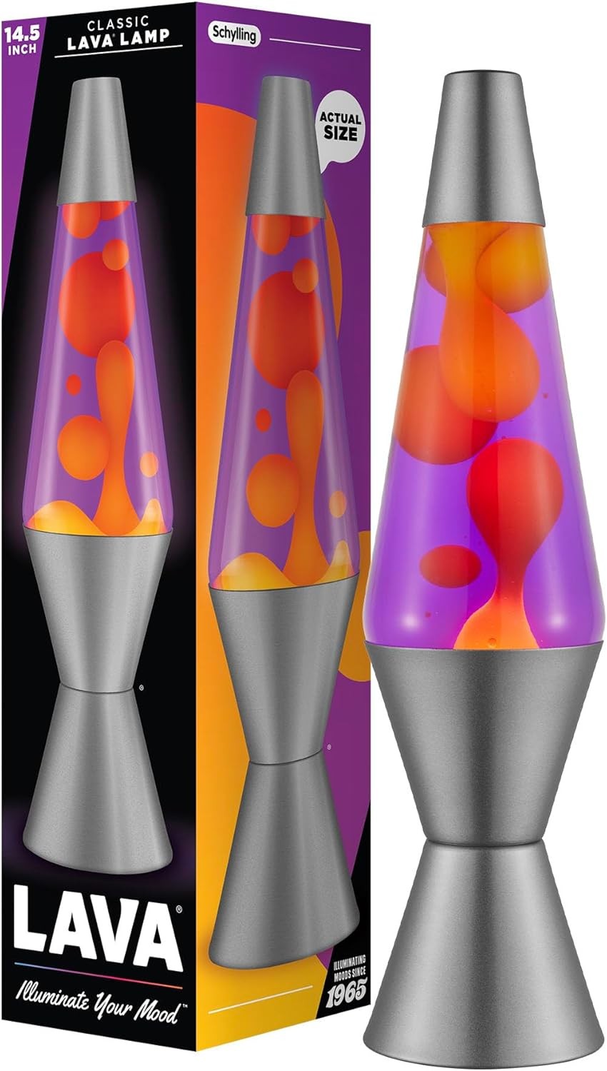 Lava Lamp The Original 14.5 Inch Silver Base Yellow Wax Purple Liquid Soft Light