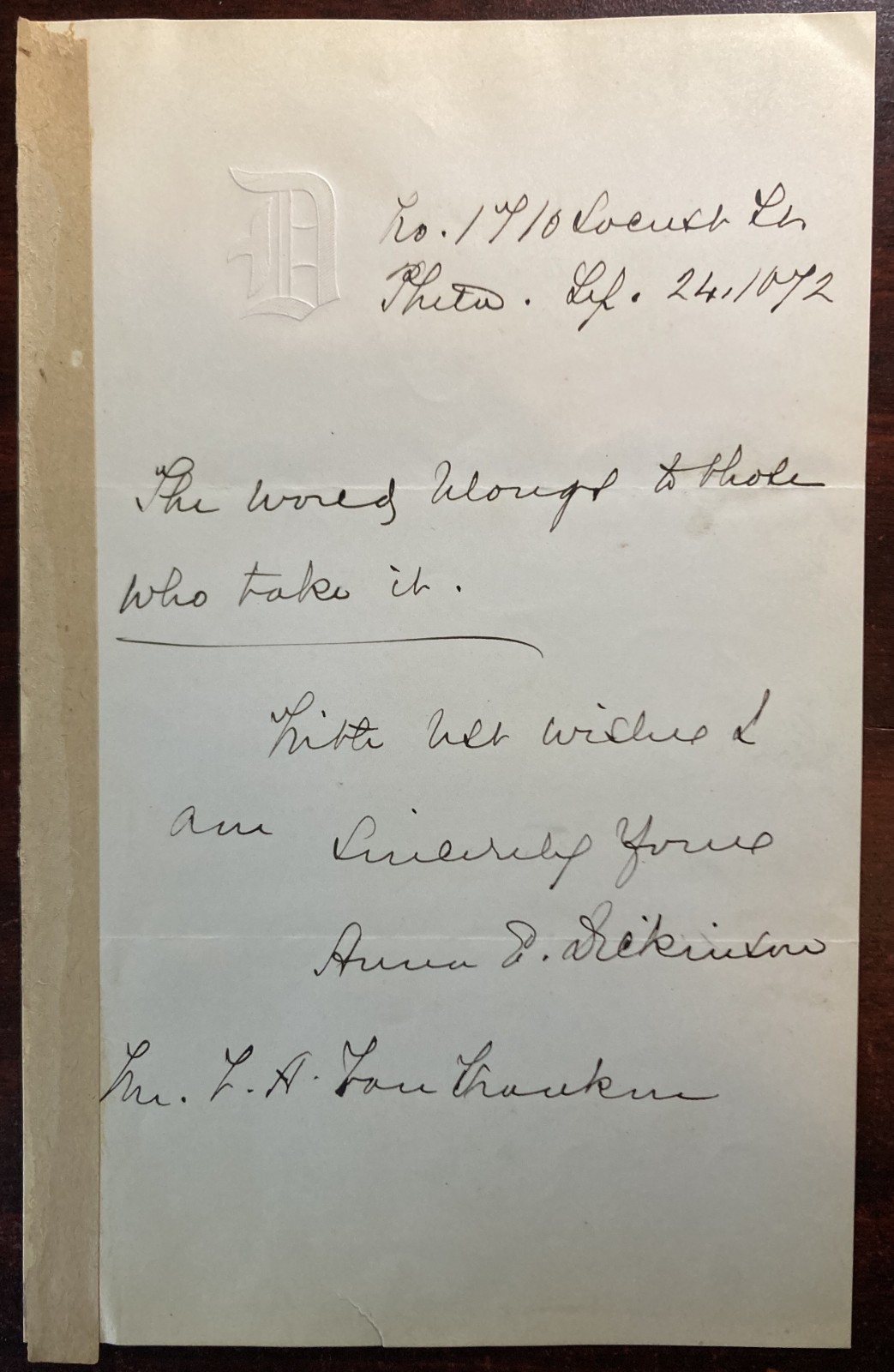 ANNA E. DICKINSON-Autographed Letter Signed-1872-Abolitionist-Women's Rights