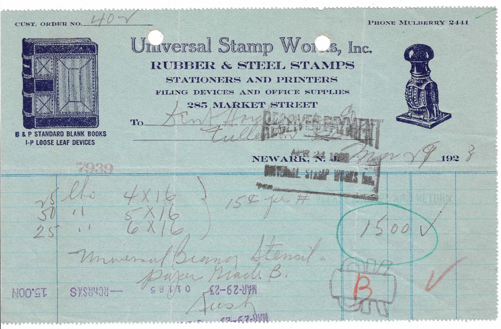 1923 Invoice, Universal Stamp Works, Rubber & Steel Stamps, Newark, New Jersey 1923 Invoice, Universal Stamp Works, Rubber & Steel Stamps, Newark, New Jersey