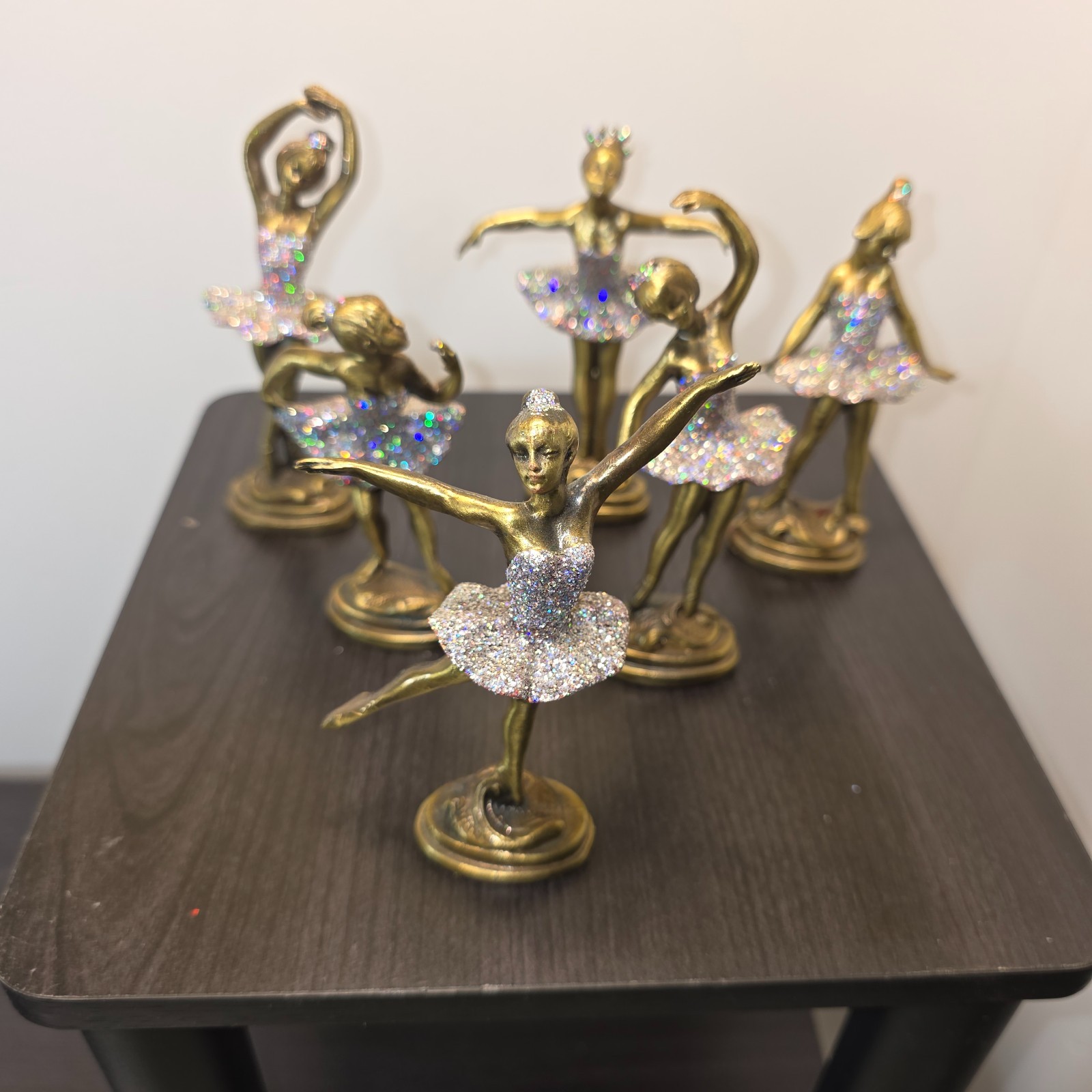 RARE DEPOSE ITALY SET OF 6 BALLERINA PEWTER/BRONZE FIGURINES GLITTERED TUTU IOB