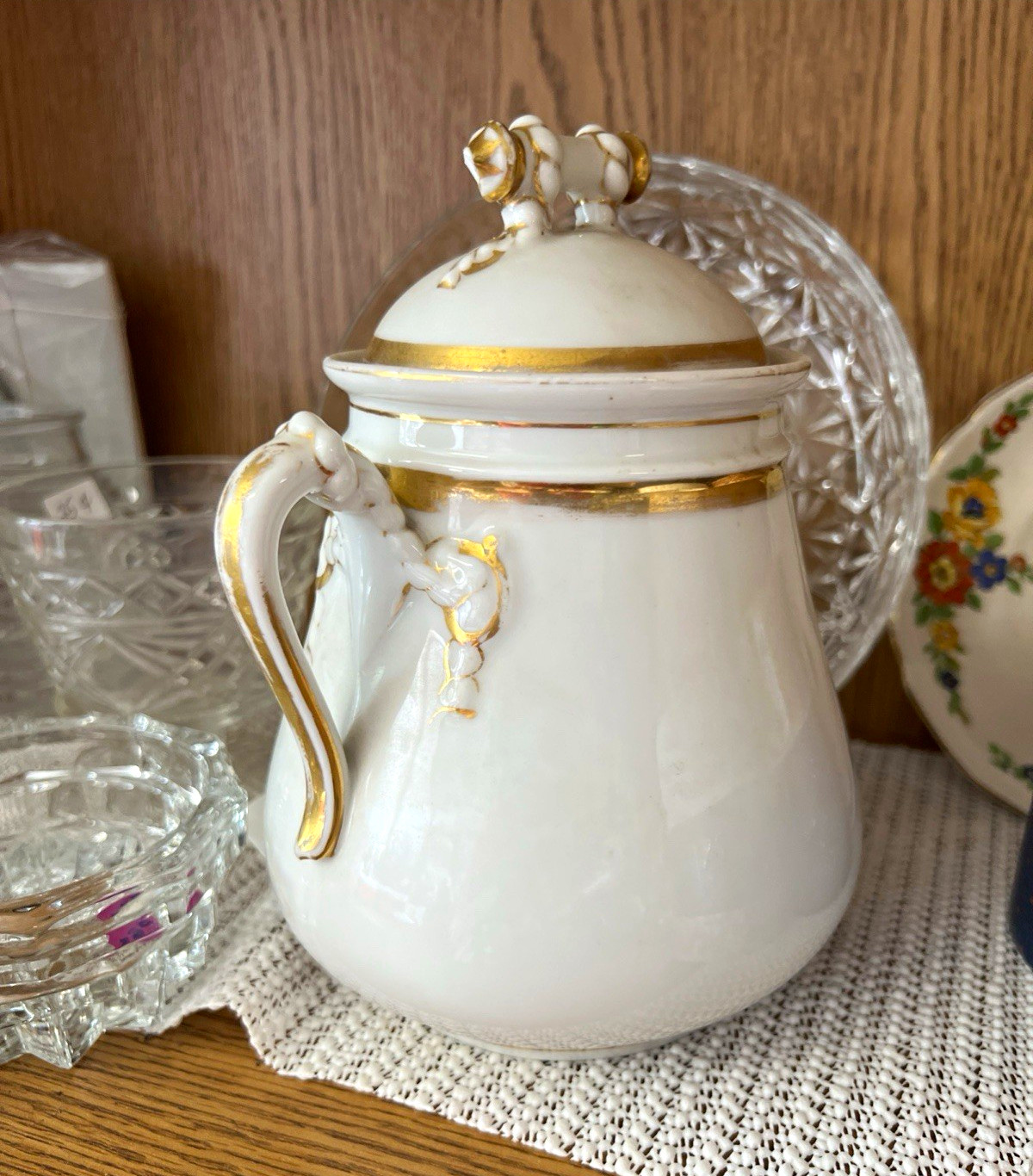 H&C Porcelain Soup Tureen w/ Lid, White Gold Floral, 3 Cup, Victorian 1910