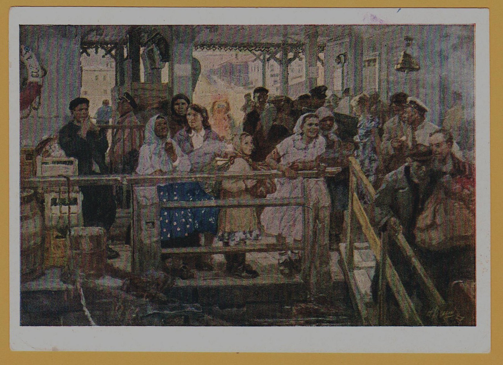 1958 Soviet River Pier Departure Scene Before Third Whistle USSR Art Postcard
