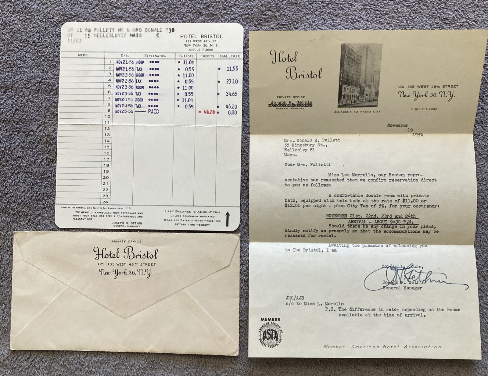 New York City Hotel Bristol Letter + Stay Receipt + Postal Cover Grouping