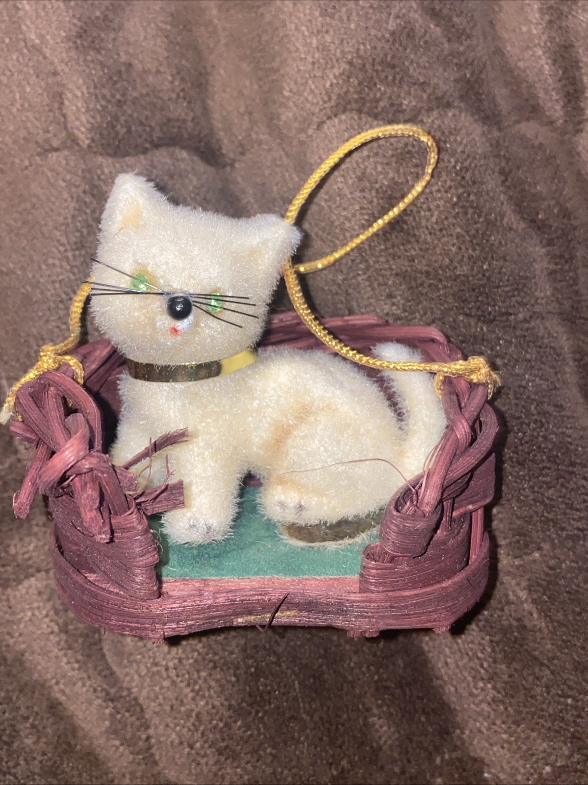 Vintage Handwork Kunstlerschutz West Germany Flocked Gray Whote Cat in Basket