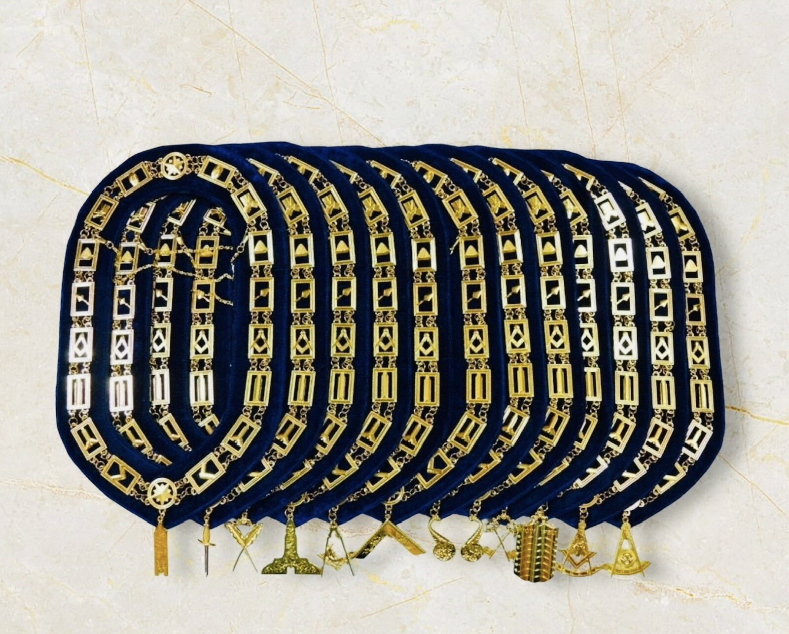 Masonic Blue Lodge Chain Collars Set of 12 - Gold Officers Collars