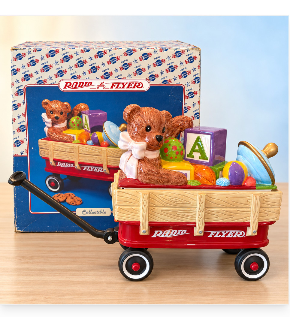 Enesco Radio Flyer Wagon Cookie Jar Teddy Bear Toys 791083 2000 w Box