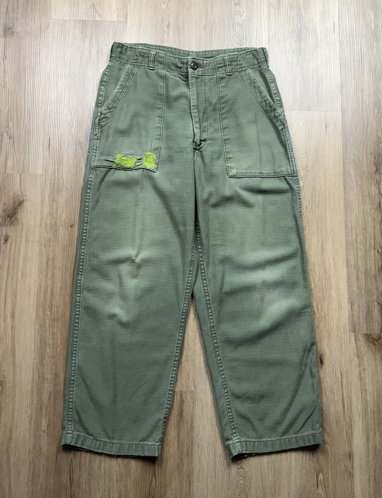 60s VINTAGE OG 107 Military Fatigue Pants Size 29x25 Repaired Vietnam ORIGINAL