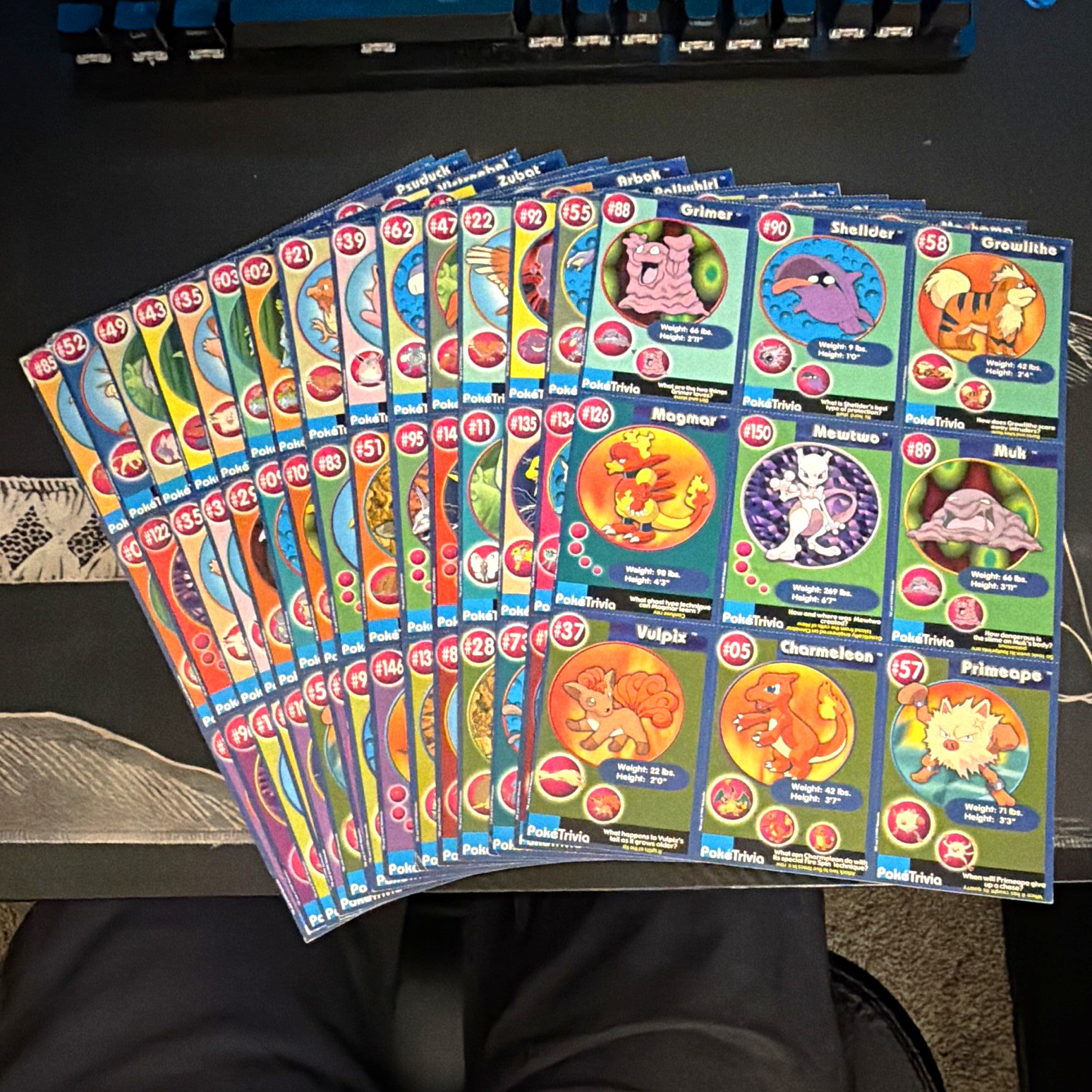 Pokémon PokéTrivia sheet of 9 cards,Lot 15 sheets,Meowth,Eevee,Mewtwo,LP/2DMG