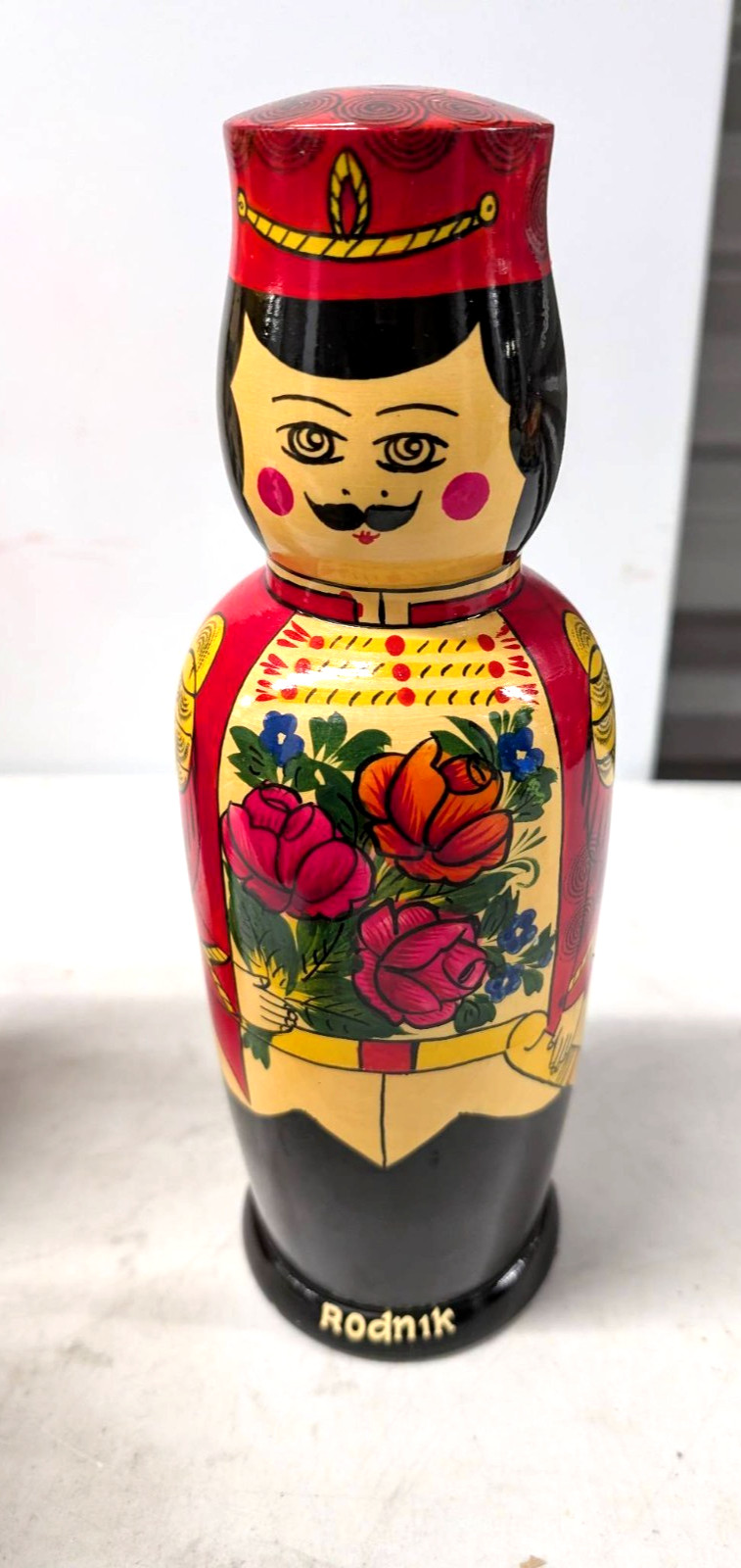 Vintage Wooden Russian Nesting Doll with Rodnik Vodka Bottle
