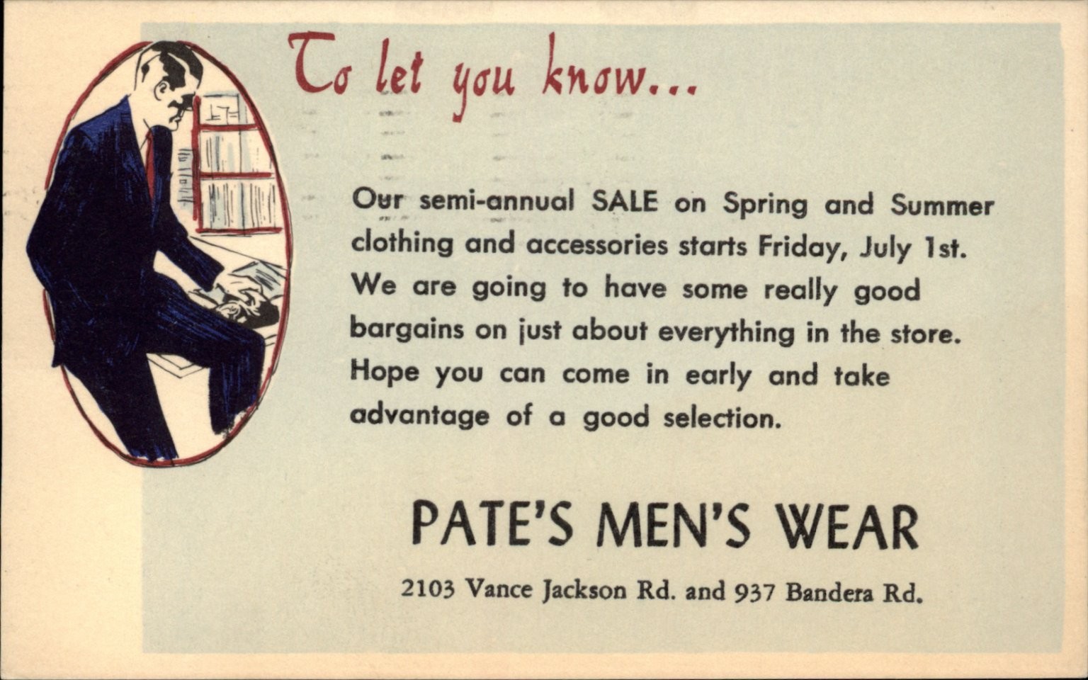 Pates Mens Wear Clothing Store Sale San Antonio TX vintage postcard c782