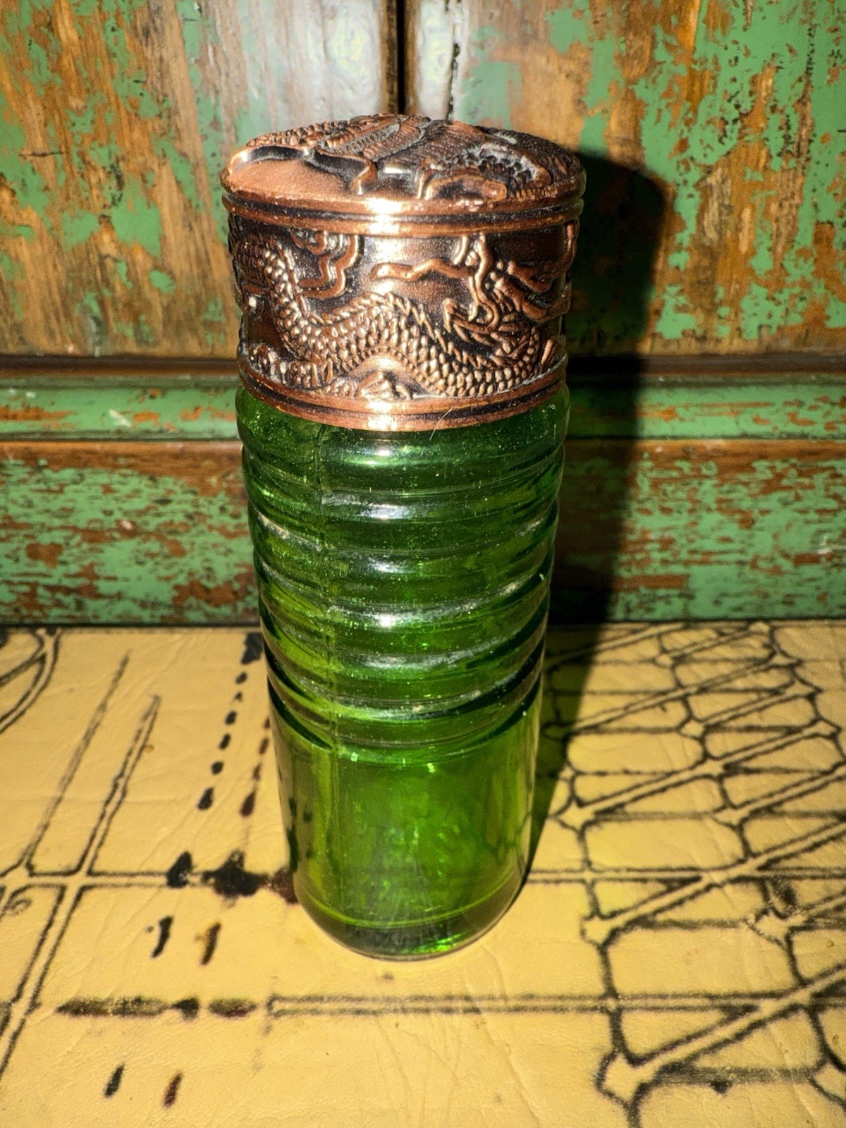 Vintage Green Depression Glass Ribbed Salt Or Pepper Shaker Bronze Dragon Top