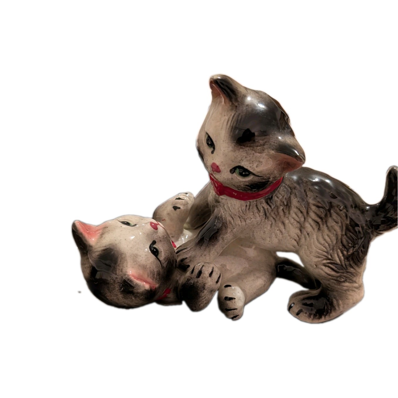 VINTAGE 1950S MID-CENTURY EMPRESS JAPAN PLAYING GRAY KITTENS RED Collar FIGURINE