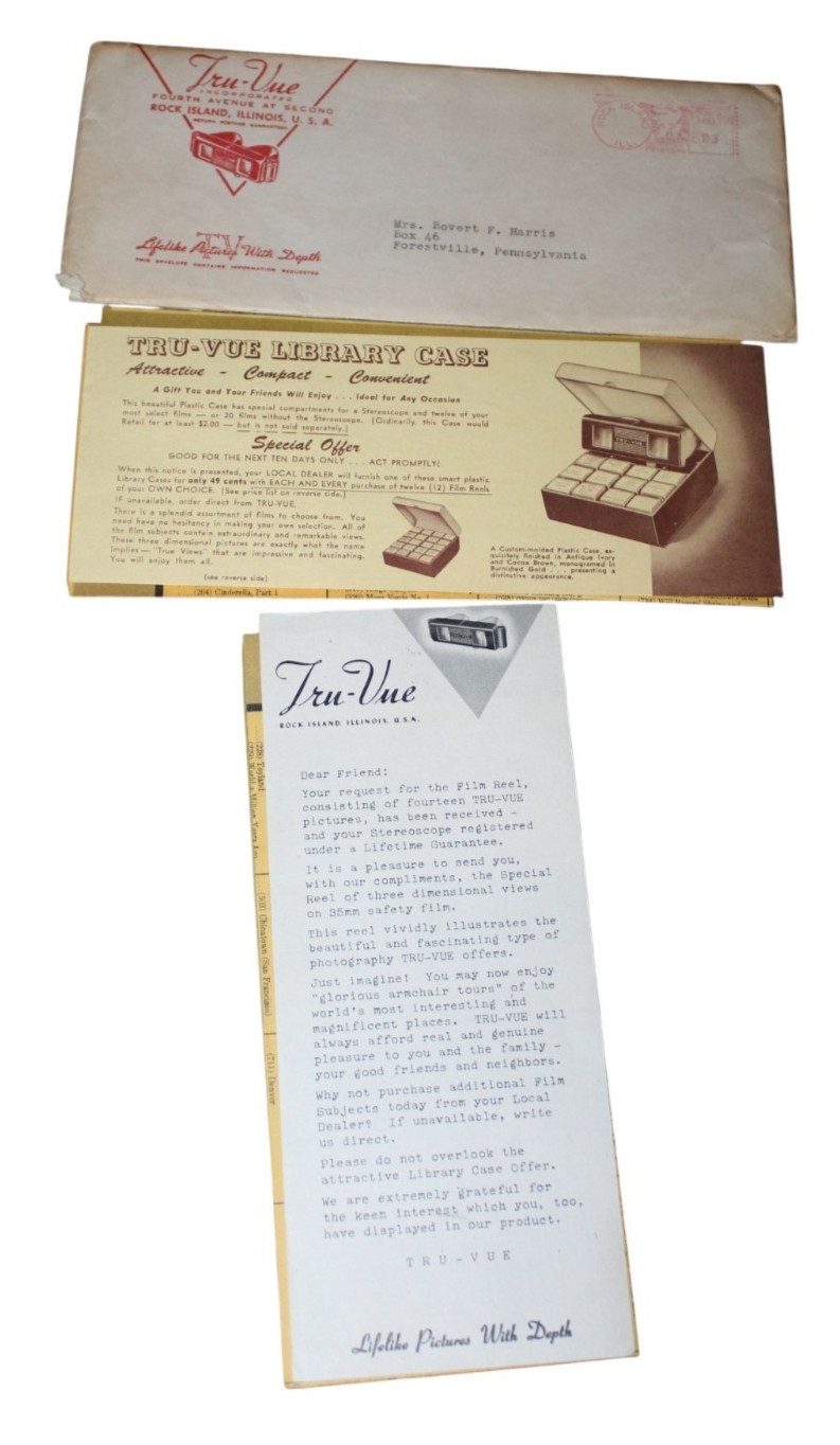 Vintage 1940s Tru-Vue Stereoscope Ephemera Letter Library Case Brochure Envelope