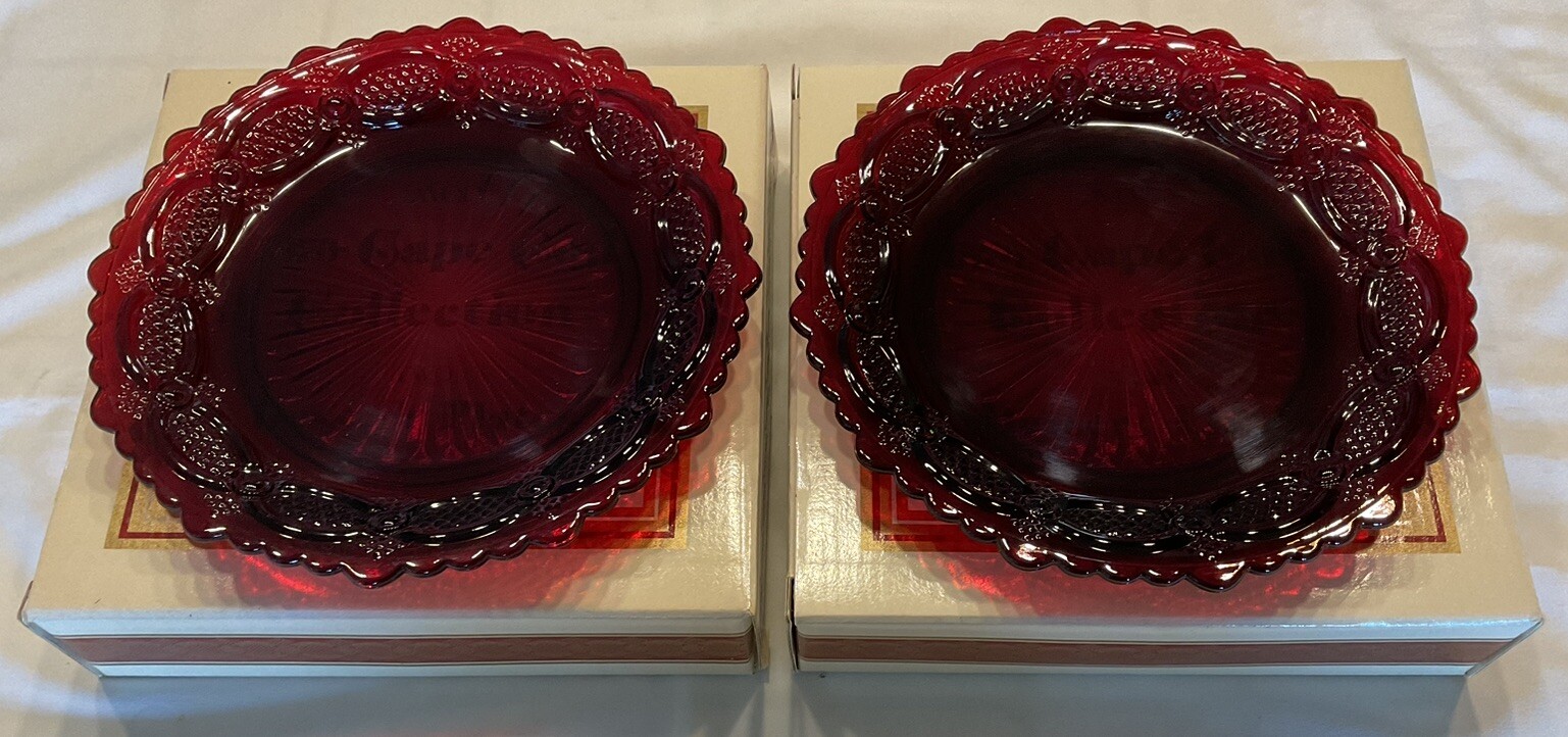 2 Avon 1876 Cape Cod Collection Ruby Red 7.25” Dessert Salad Plate Original Box 2 Avon 1876 Cape Cod Collection Ruby Red 7.25” Dessert Salad Plate Original Box