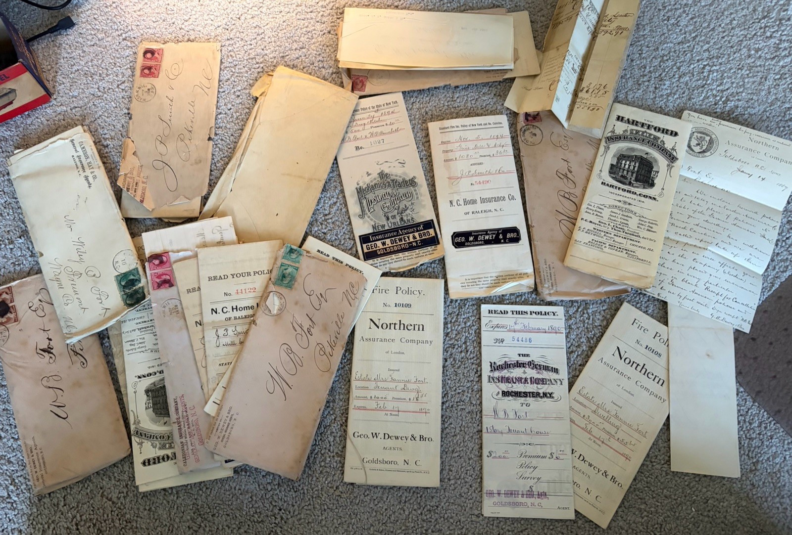 Antique Late 19th c.George W. Dewey (NC) Home/Fire  Insurance Policies Lot Of 13