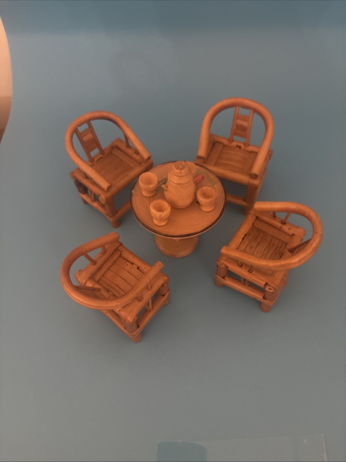 Delicate Bamboo Set Of Chineese Table, 4 Chairs And Tea Set