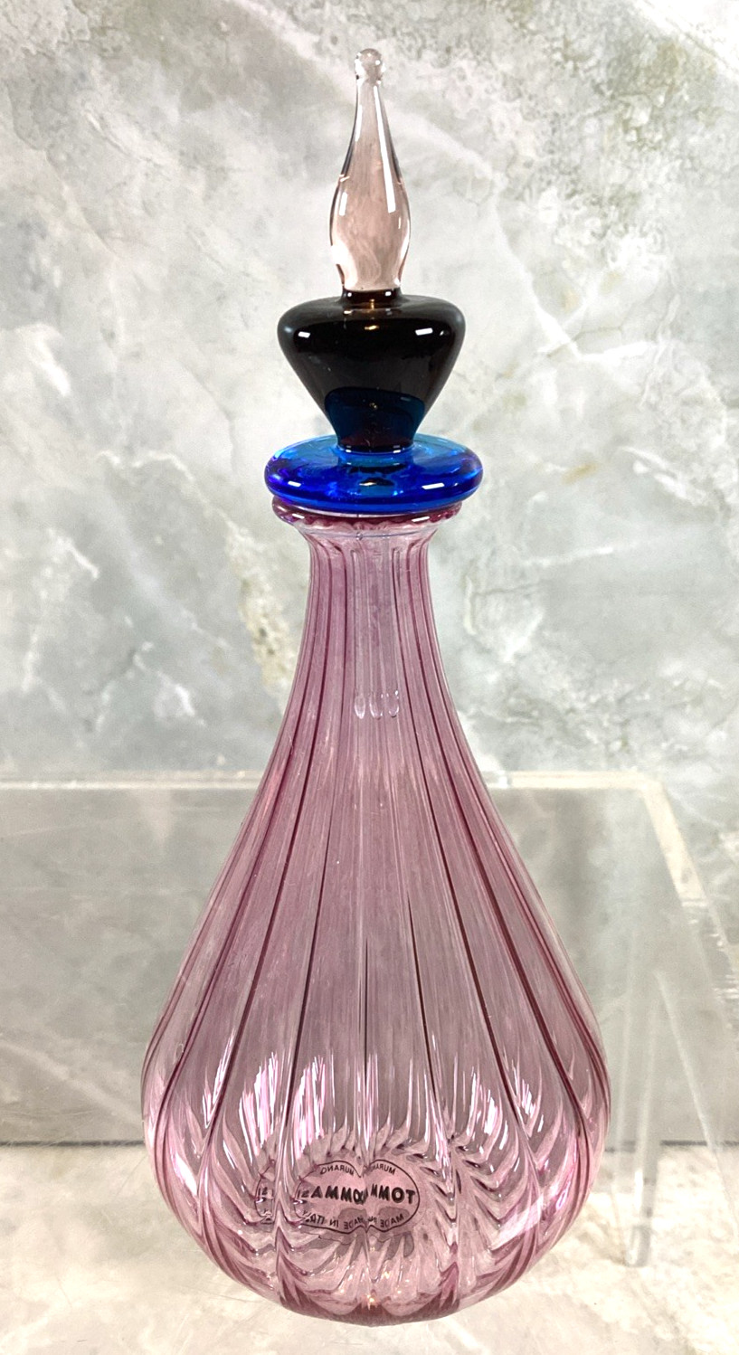 Vtg Tommasi Murano Art Glass Pink Black & Blue Perfume Bottle w/ Stopper Italy