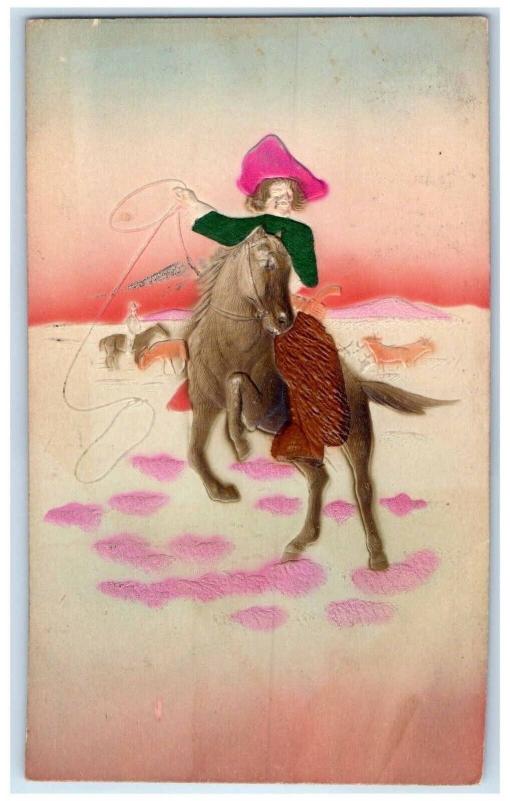 c1910's Cowgirl Roping Airbrushed Embossed Kansas City Missouri MO Postcard