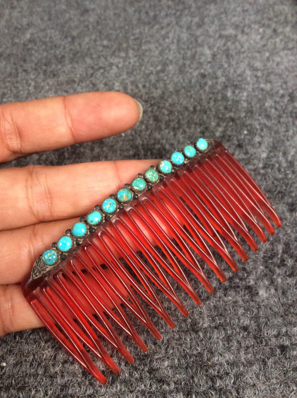 vtg Native American Zuni Sterling Turquoise petit point hair barrette clip no2
