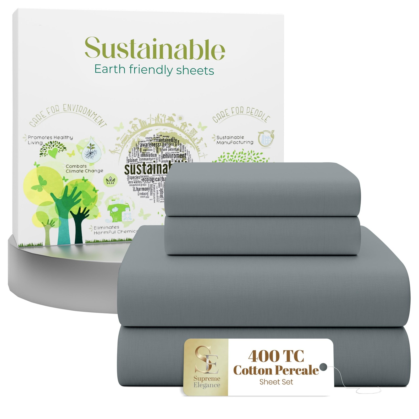 SUPREME ELEGANCE Full Size Cotton Sheet Set, Charcoal Gray, Percale Weave