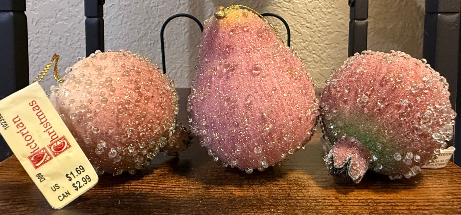 Lot of 3 Vintage Sugar Beaded Fruit Pear Pomegranate Christmas Ornaments NEW