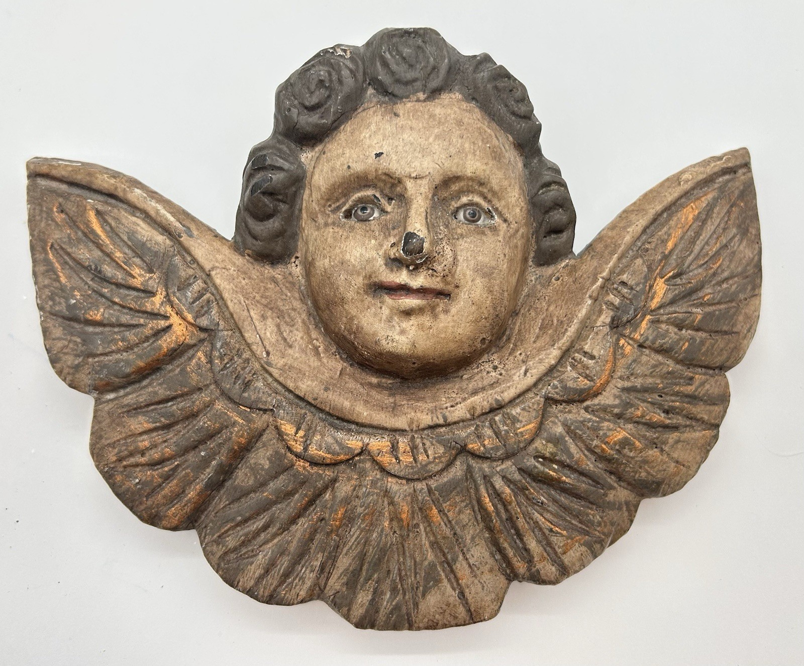 Antique Italian Renaissance Carved Wood Putti Cherub Angel Wall Plaque C. 1850