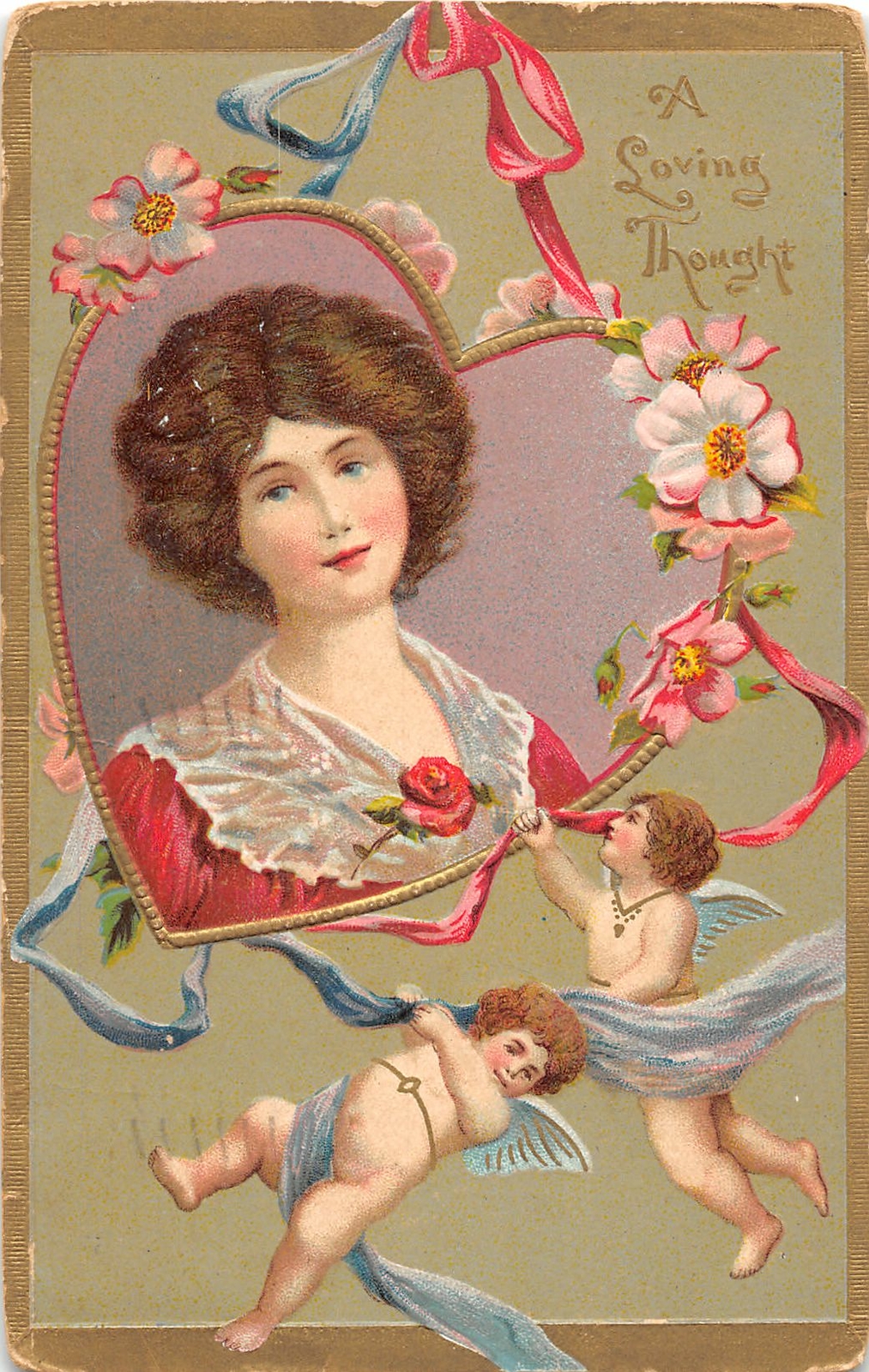 H53/ Valentine\'s Day Love Holiday Postcard c1910 Pretty Woman Cupids Heart 45