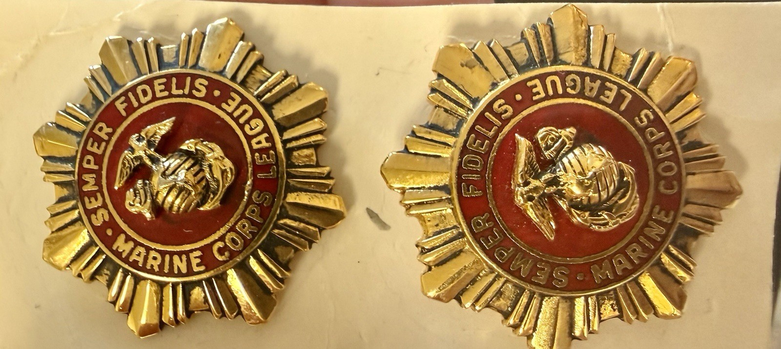Pr Of VTG Marine Corps League Semper Fidelis Sunburst Member Badge Pin Uniform Pr Of VTG Marine Corps League Semper Fidelis Sunburst Member Badge Pin Uniform