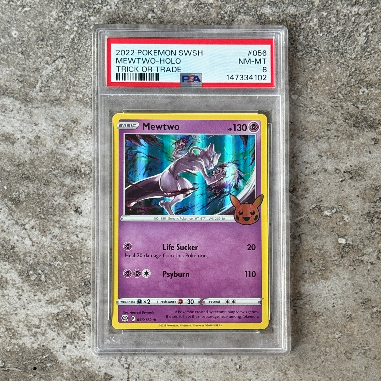 PSA 8 MEWTWO #056 holo - Trick or Trade 2022 SWSH Pokemon Card Stamped
